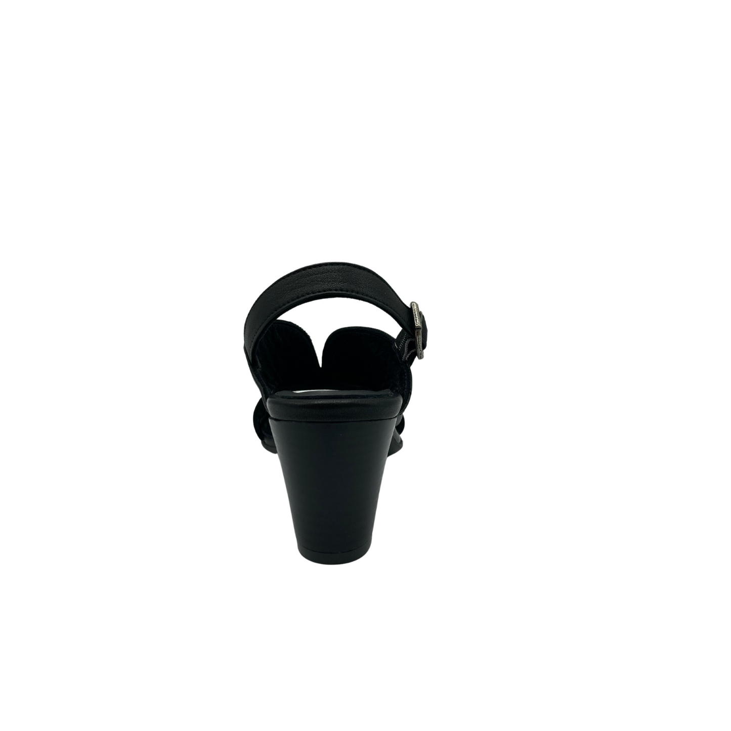Rear view of black sandal. Strap wraps around heel and has buckle adjustment. Heavy block heel