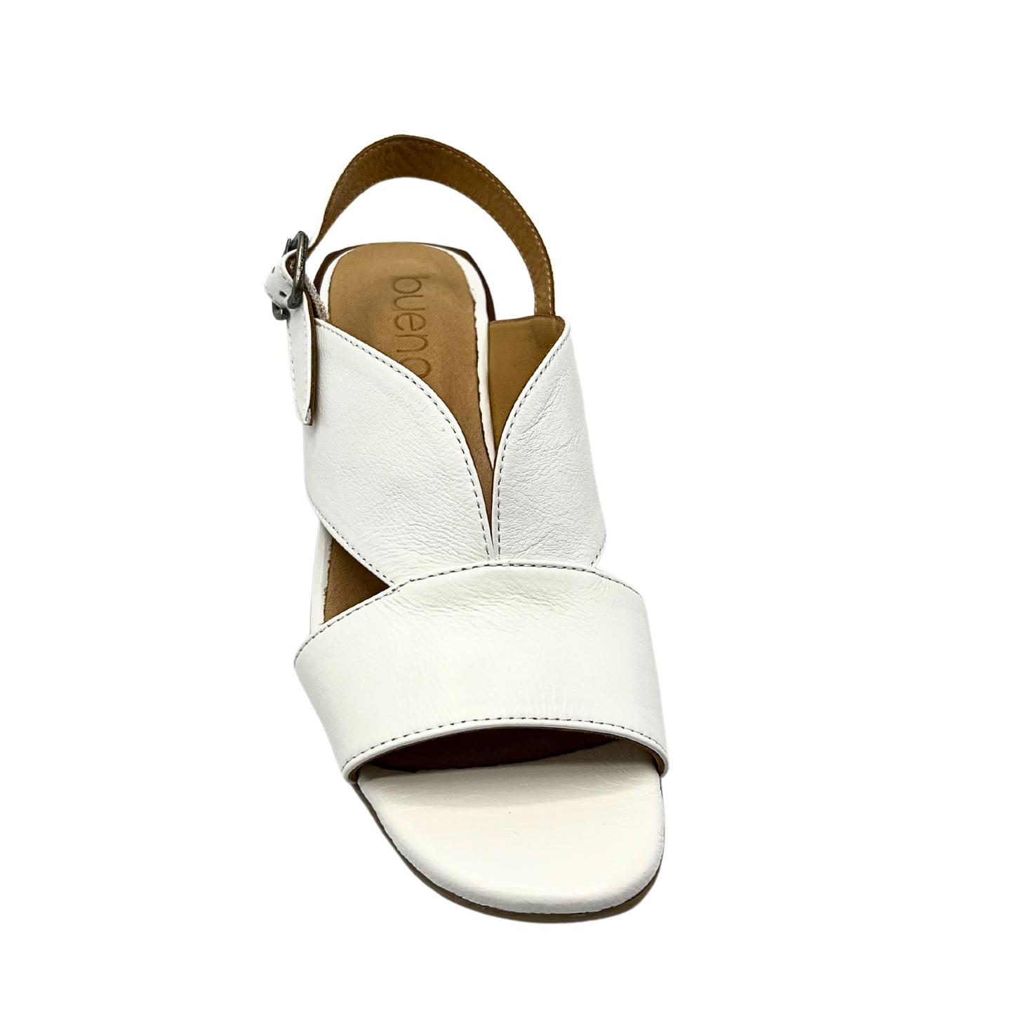 Top down view of classic white sandal. Thick front strap and 2 curved straps coming up over the top of foot and connecting to an adjustable heel strap