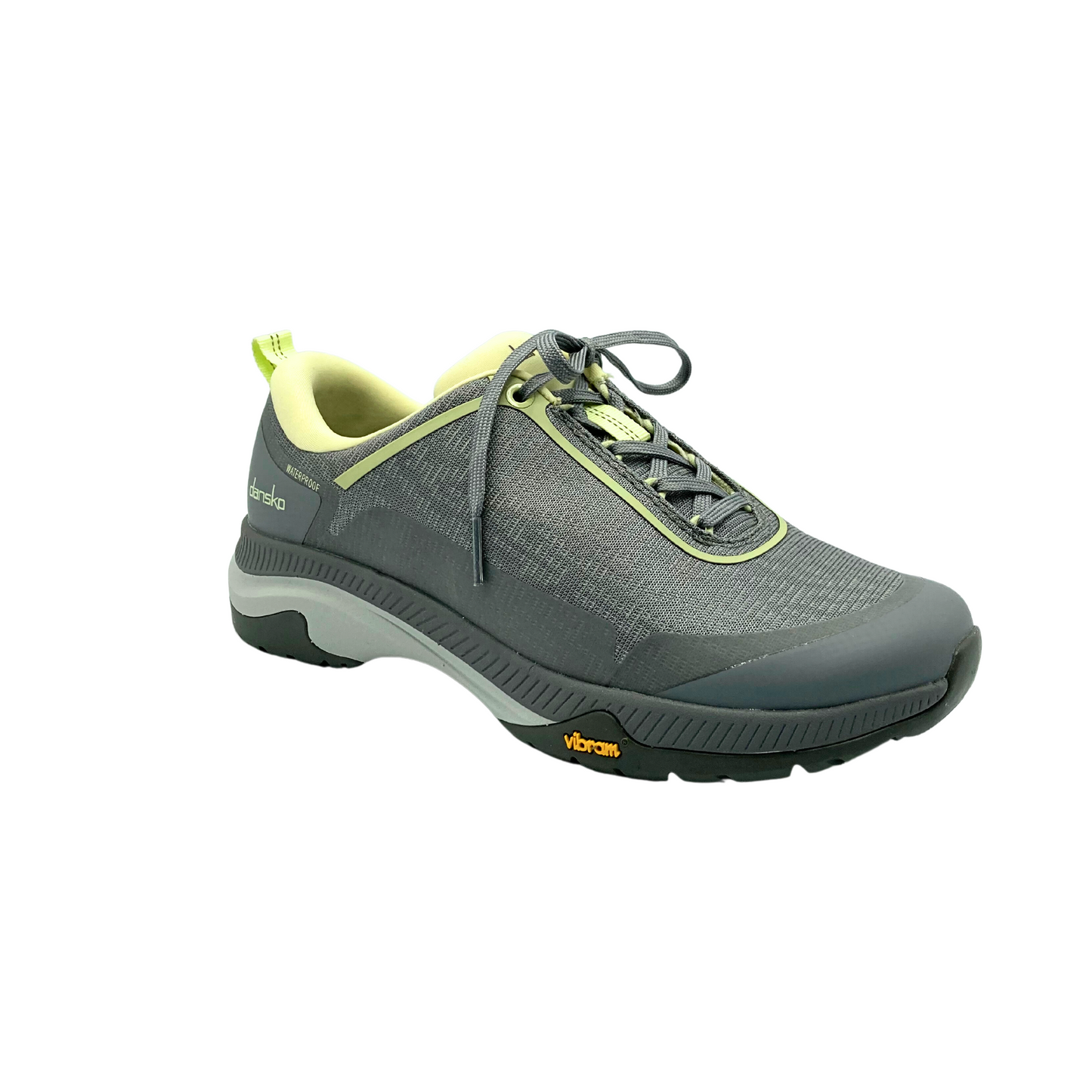 Angled side view showing anatomical sole and rubber toe guard