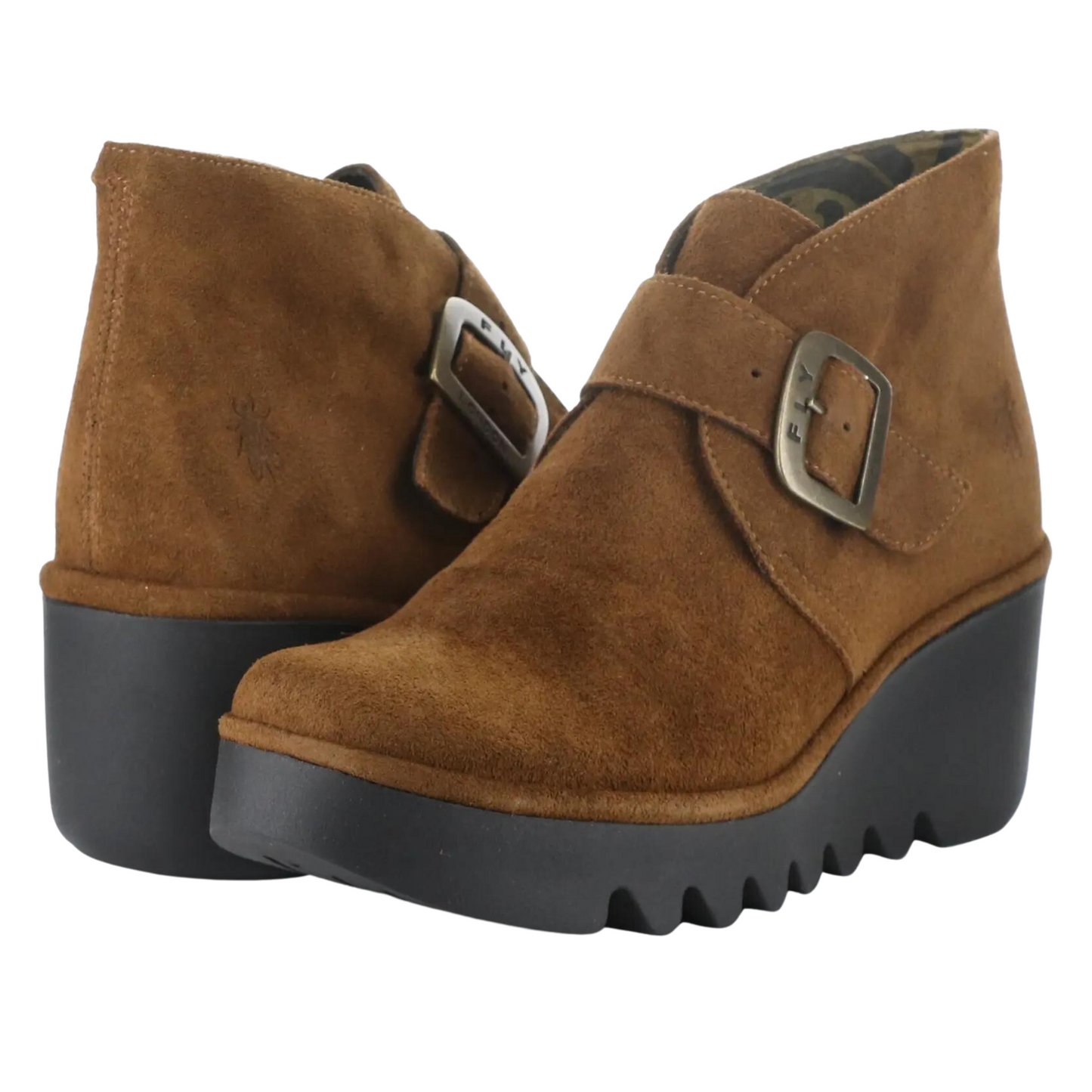Front and rear profiles of a pair of Fly London Birt Boots in the colour Camel Tan.