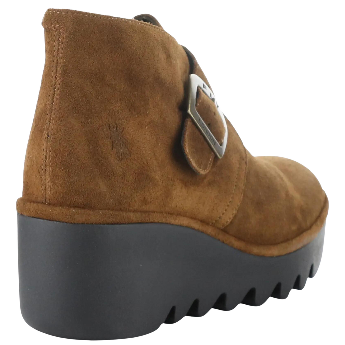 Rear angled profile of the Fly London Birt Boot in the colour Camel Tan.