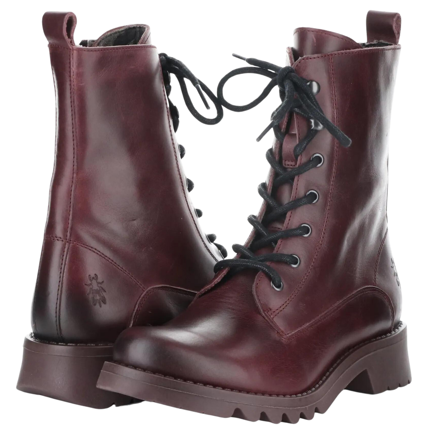Front and rear profiles of a pair of Fly London Reid Boots in the colour Purple.
