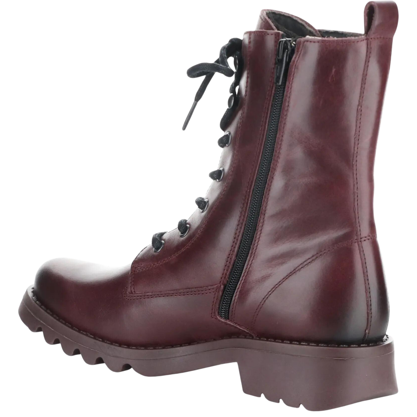 Rear angle profile of the Fly London Reid Boot in the colour Purple.