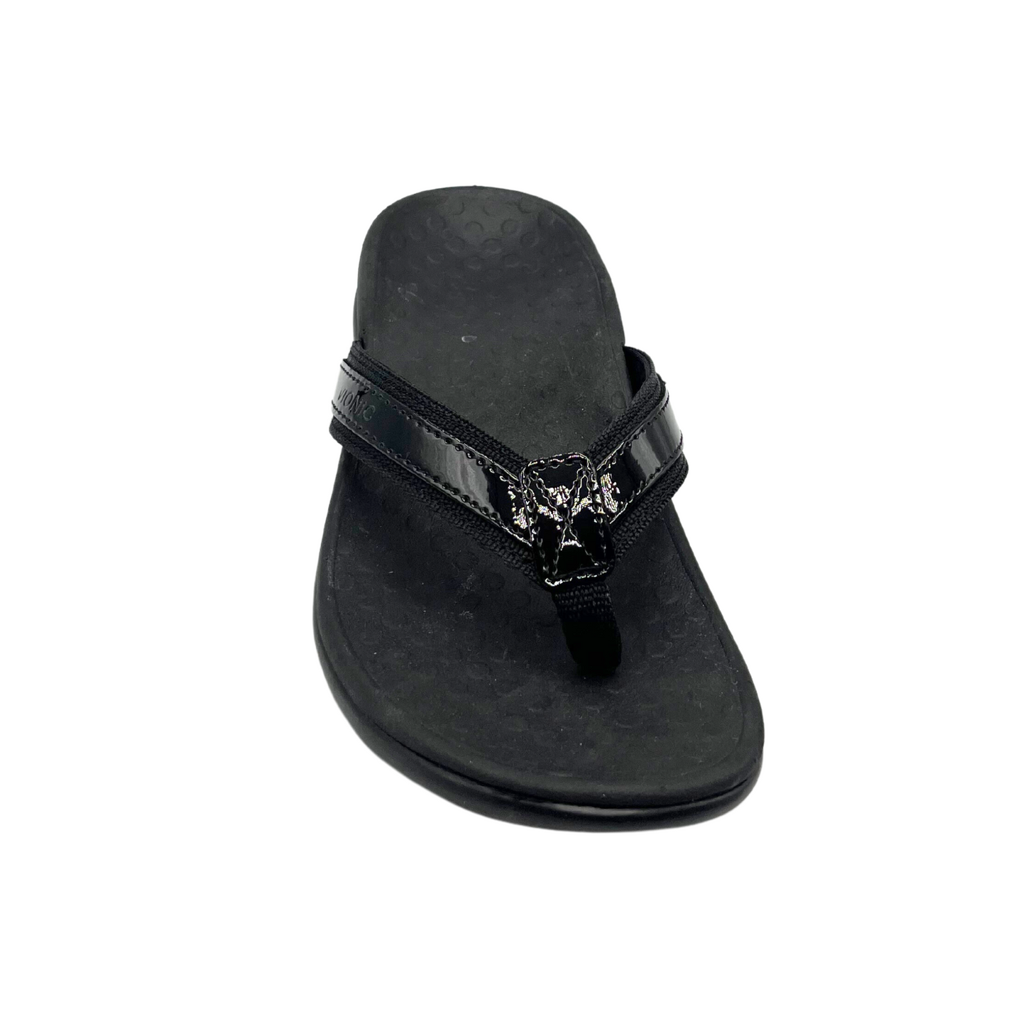 Top down view of a flip flop sandal in black. Nice wide toe box and a contoured footbed