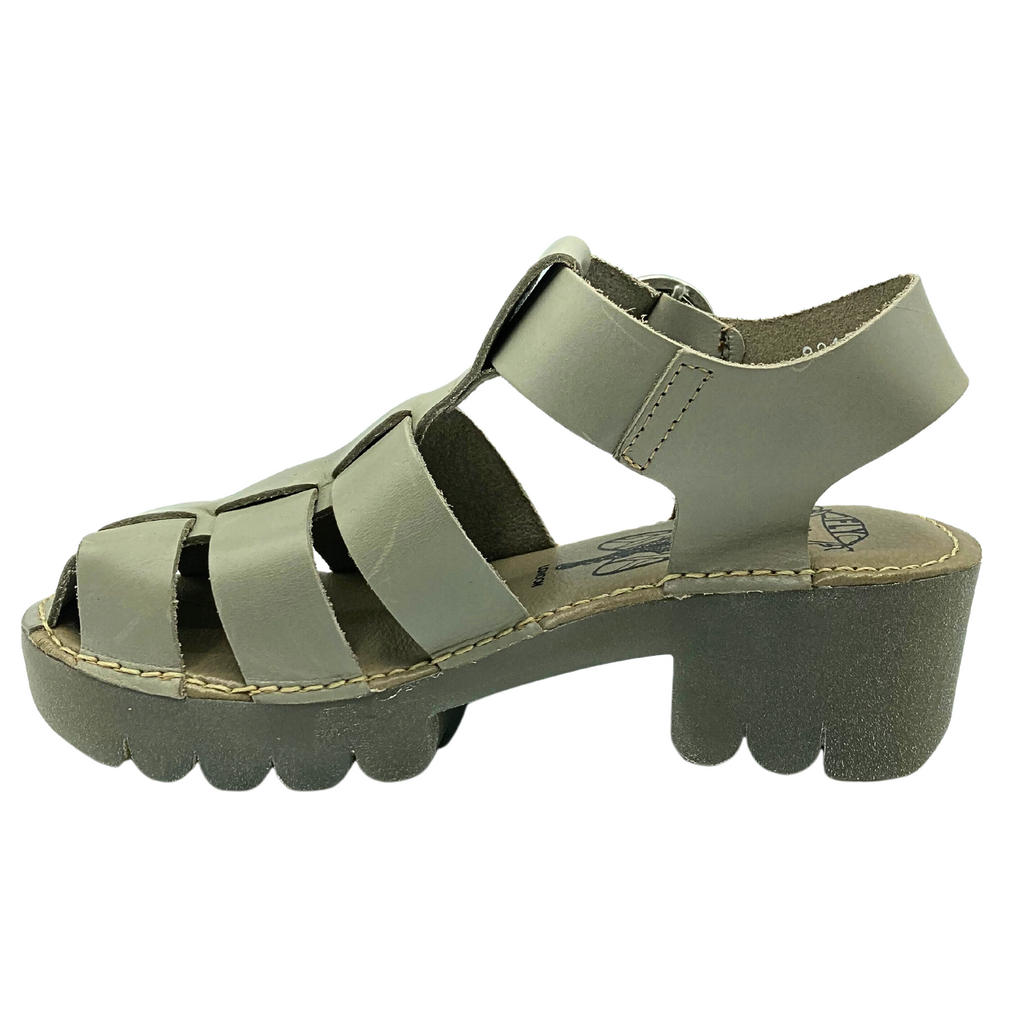 Inside view of a fisherman style sandal. Closed toe at teh front with straps coming across foot and one main strap up the front. All connect to an ankle and heel strap with adjustable buckle
