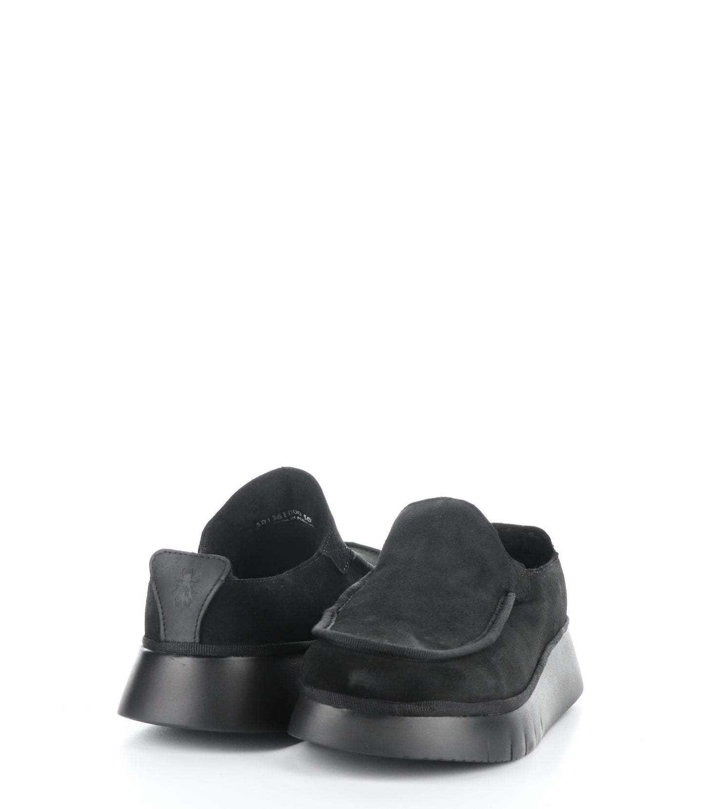 A pair of black, suede slip on shoes are pictured. One shoe is faces to the front, the other shoe is pictured from behind.