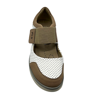 Top down view of Mary Jane style shoe.  White perforated leather is bulk of shoe.  Details like toe cap, heel cup and cross strap are in a taupe/brown