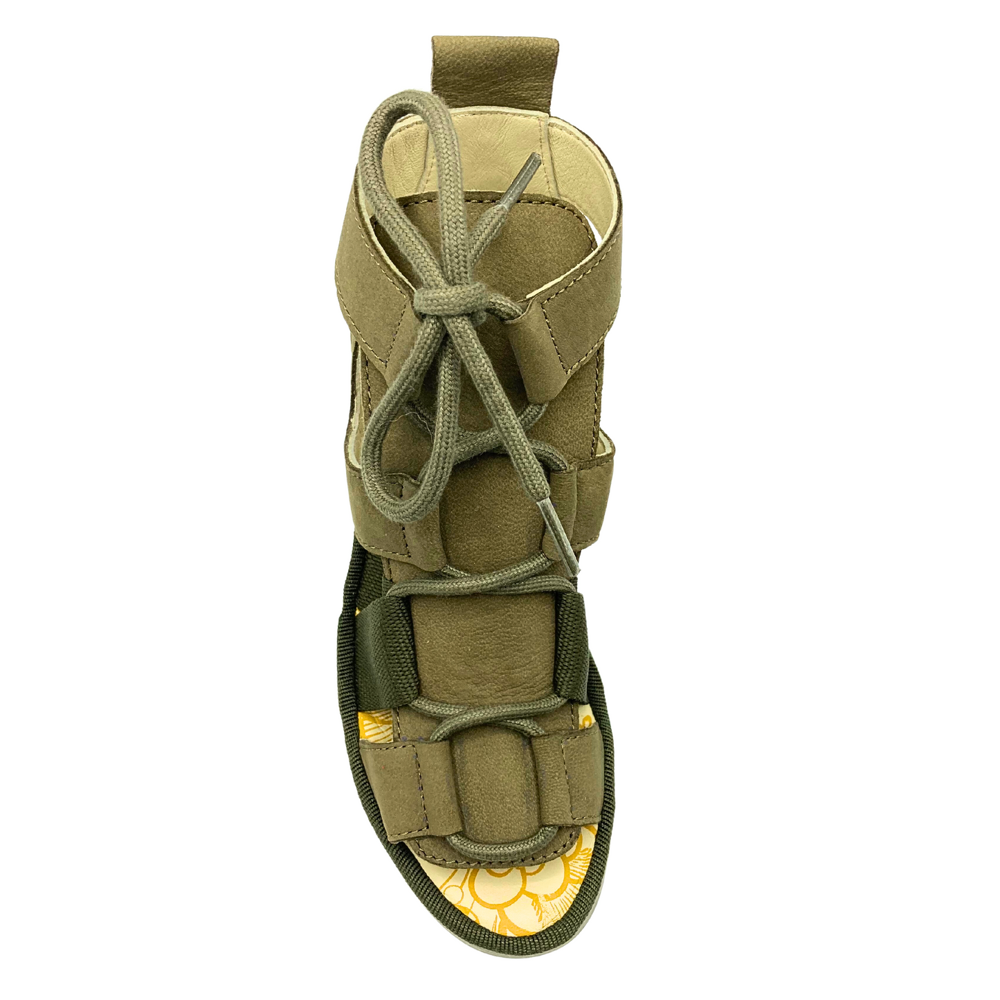 Top down view of Gladiator style sandal. Two-tone straps and thick laces up the front