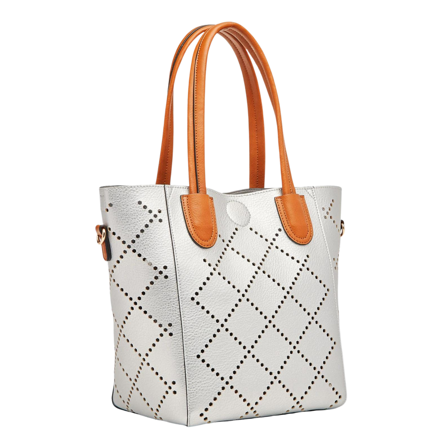 An angled view of the silver bag showing the detailing and the handles.