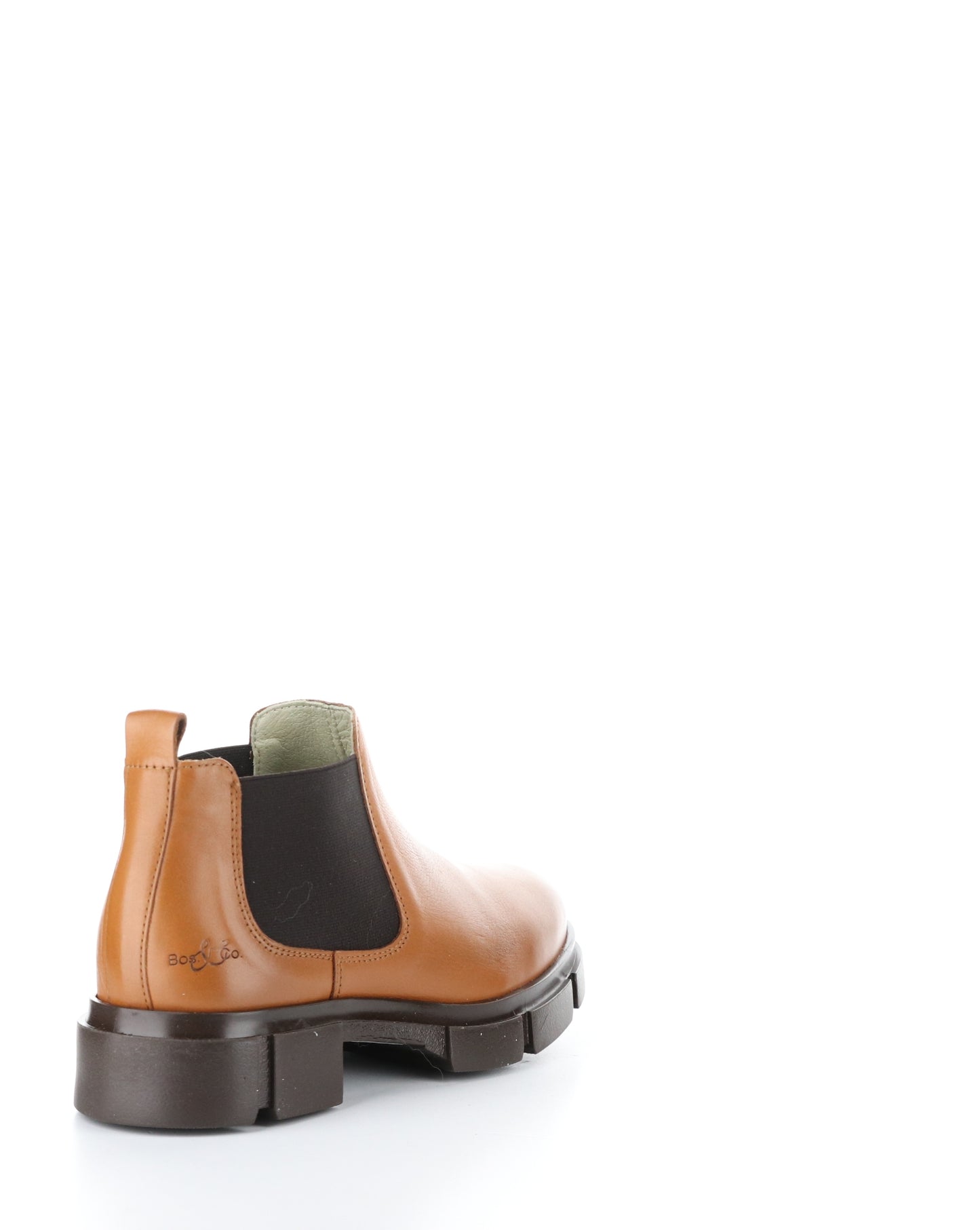 An angled rear view of a short tan boot. The boot has a dark brown elastic panel and chunky lug sole.