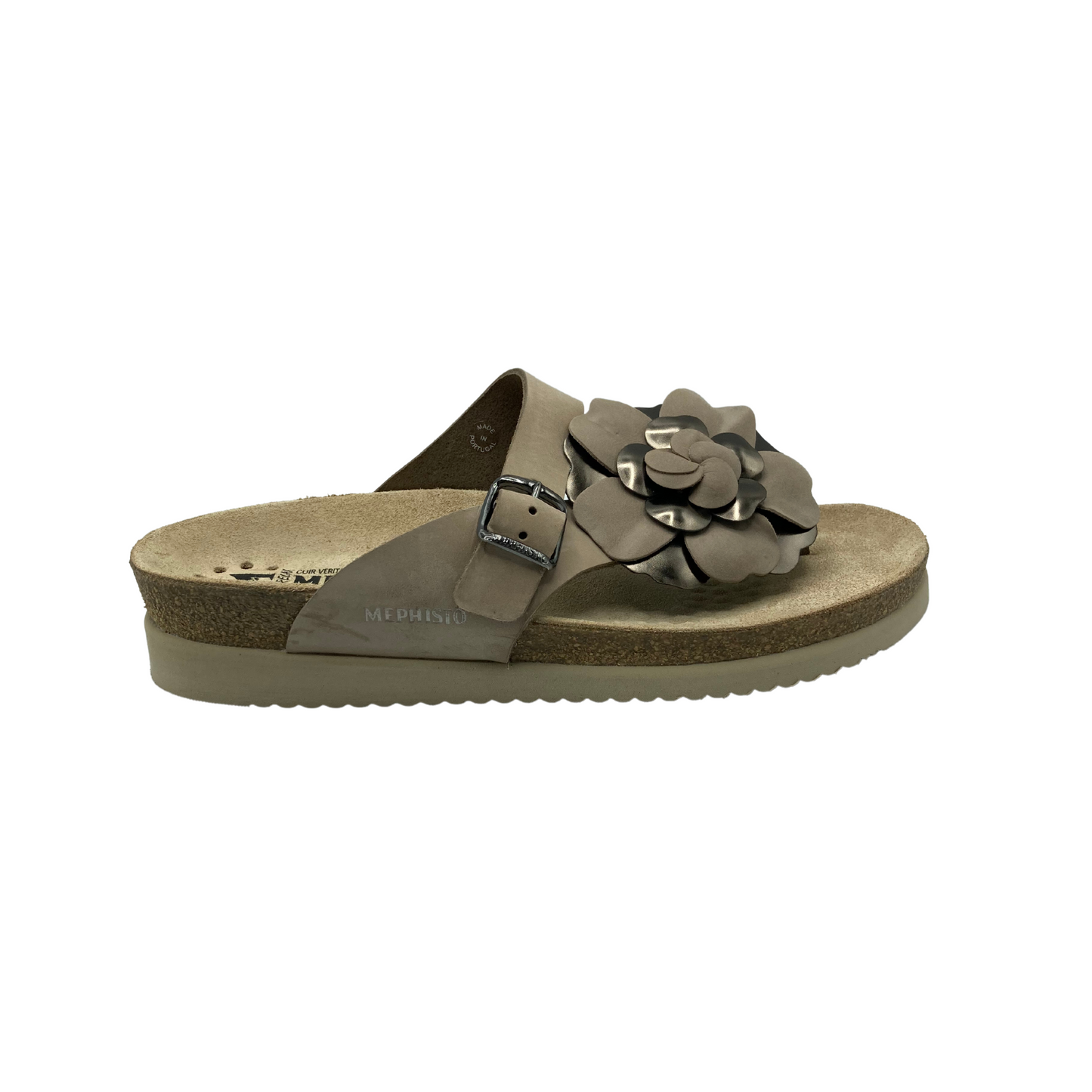 The Mephisto Helen Flower sandal features a synthetic rubber sole and a cork footbed with Soft-Air technology.