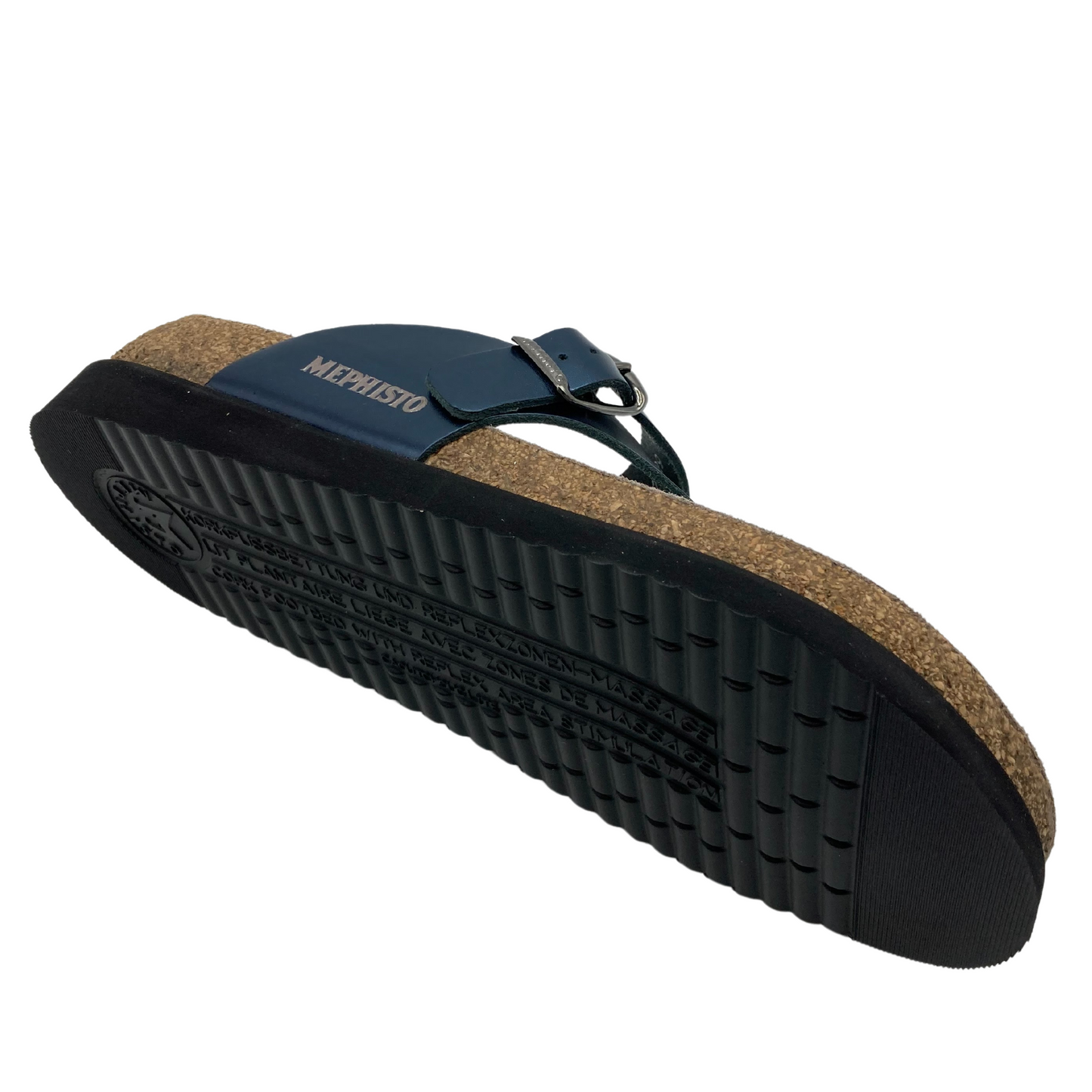 Underside view of the right sandal. Black sole, cork foot bed and blue straps. Silver embossed writing on the side of the strap that reads "Mephisto."