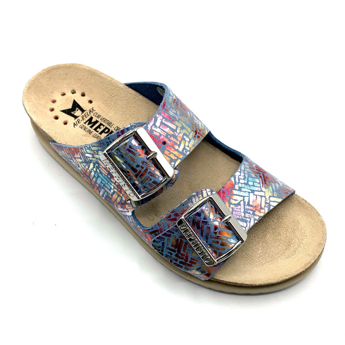 Top view of the right, shiny, multicoloured, sandal. Two silver buckles on the straps.
