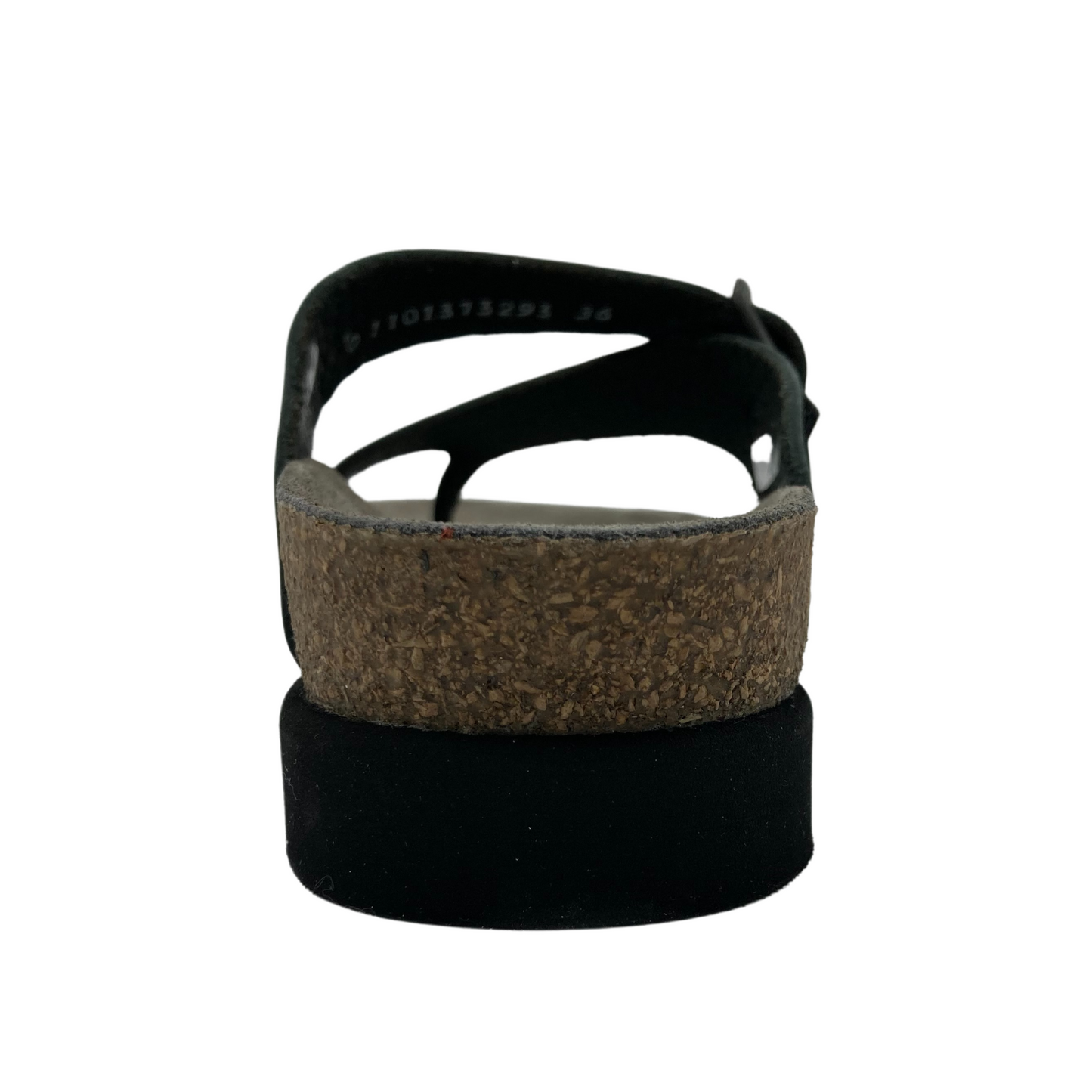 Rear view of the right sandal. Black sole and a cork footbed layered on top.