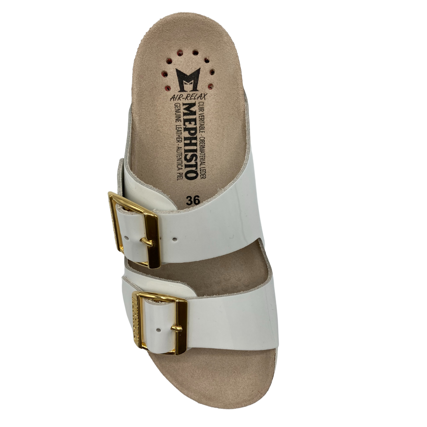 Top view of the right sandal. Black writing on the suede inner sole.