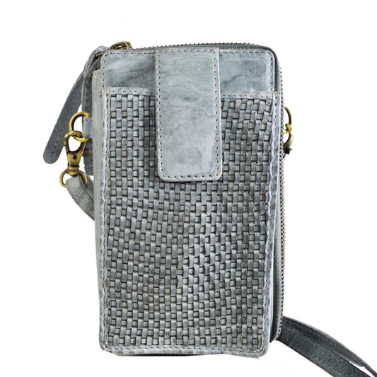 A photo of a leather crossbody wallet in the colour cloud grey.