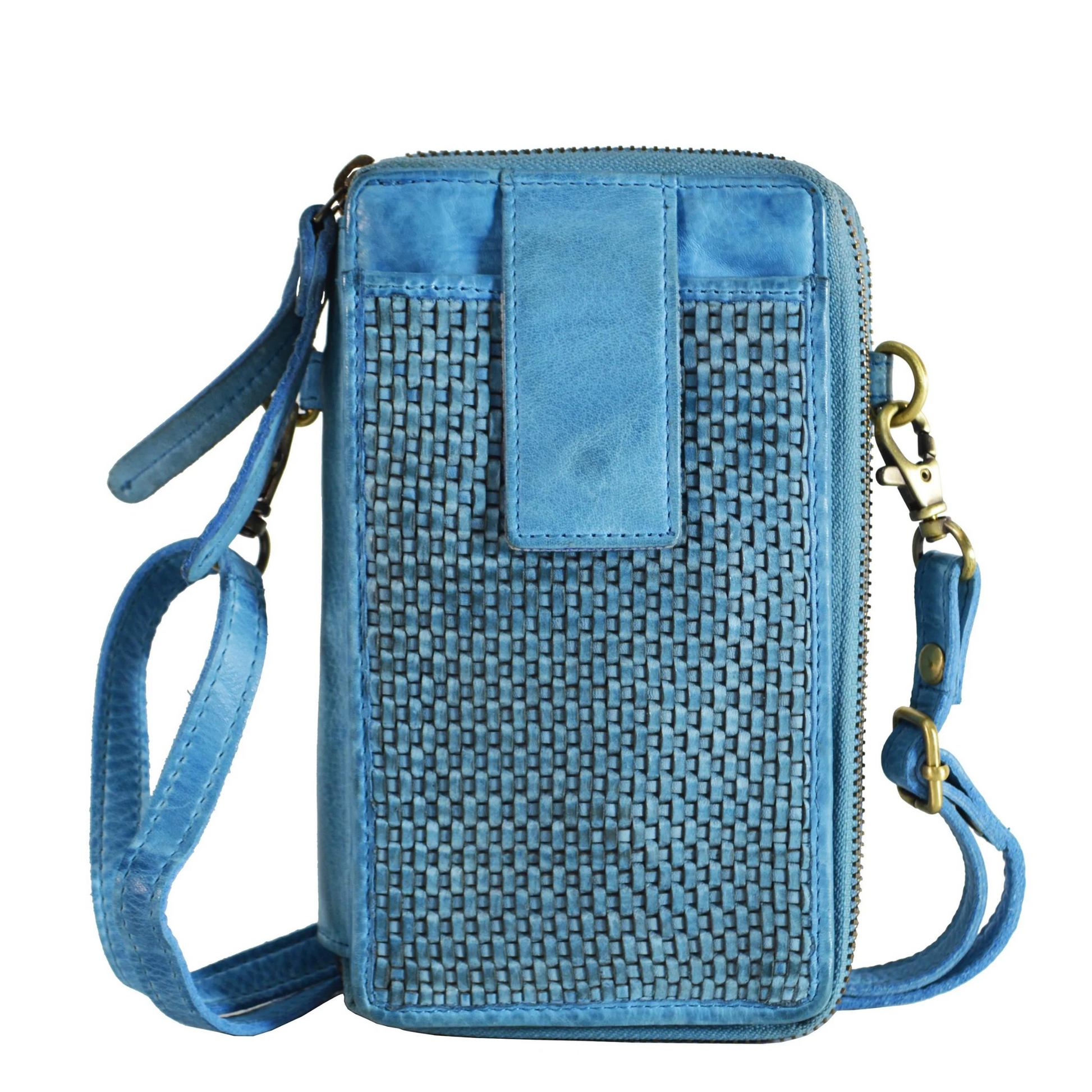 A photo of a leather crossbody wallet in the colour denim blue.