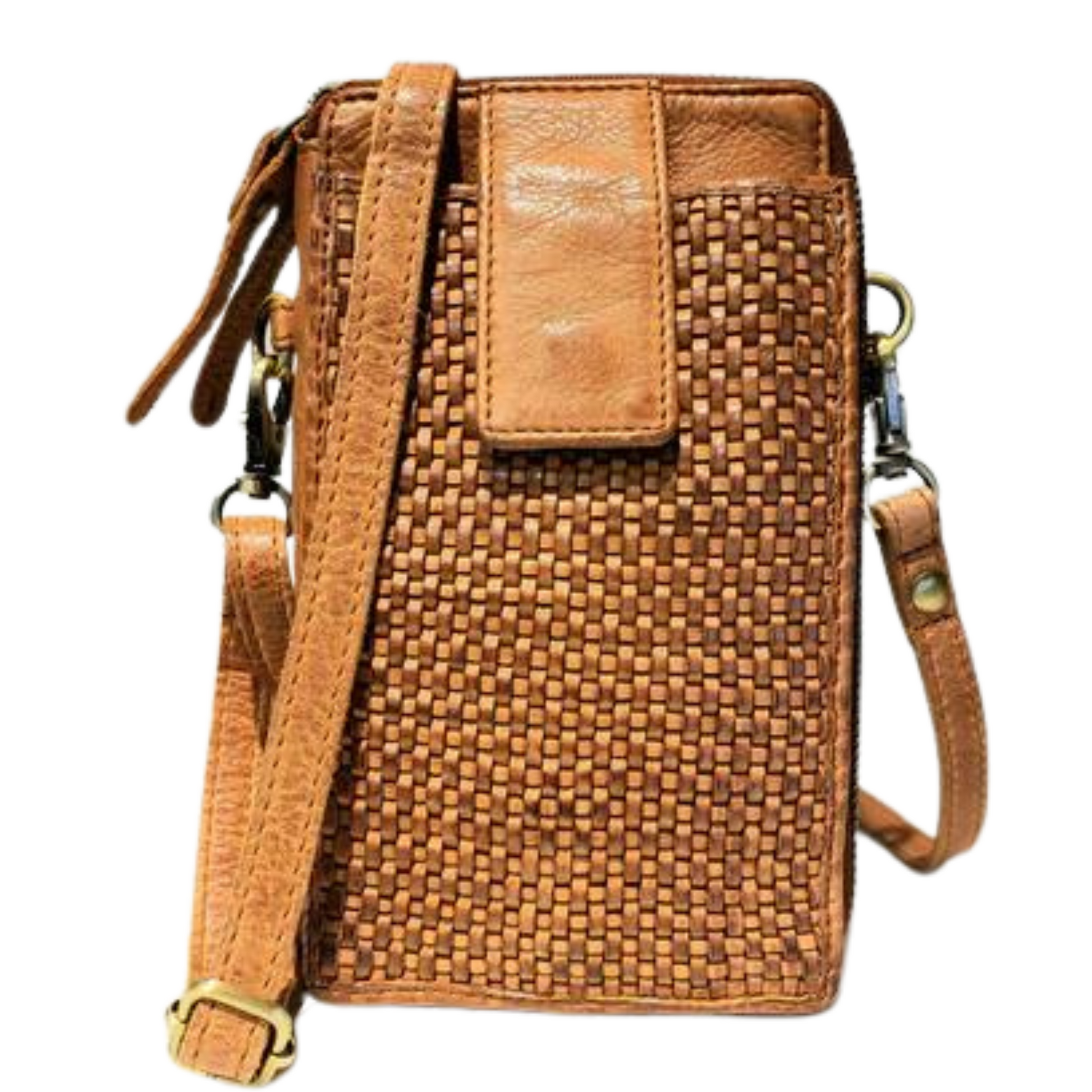 A photo of a leather crossbody wallet in the colour honey.