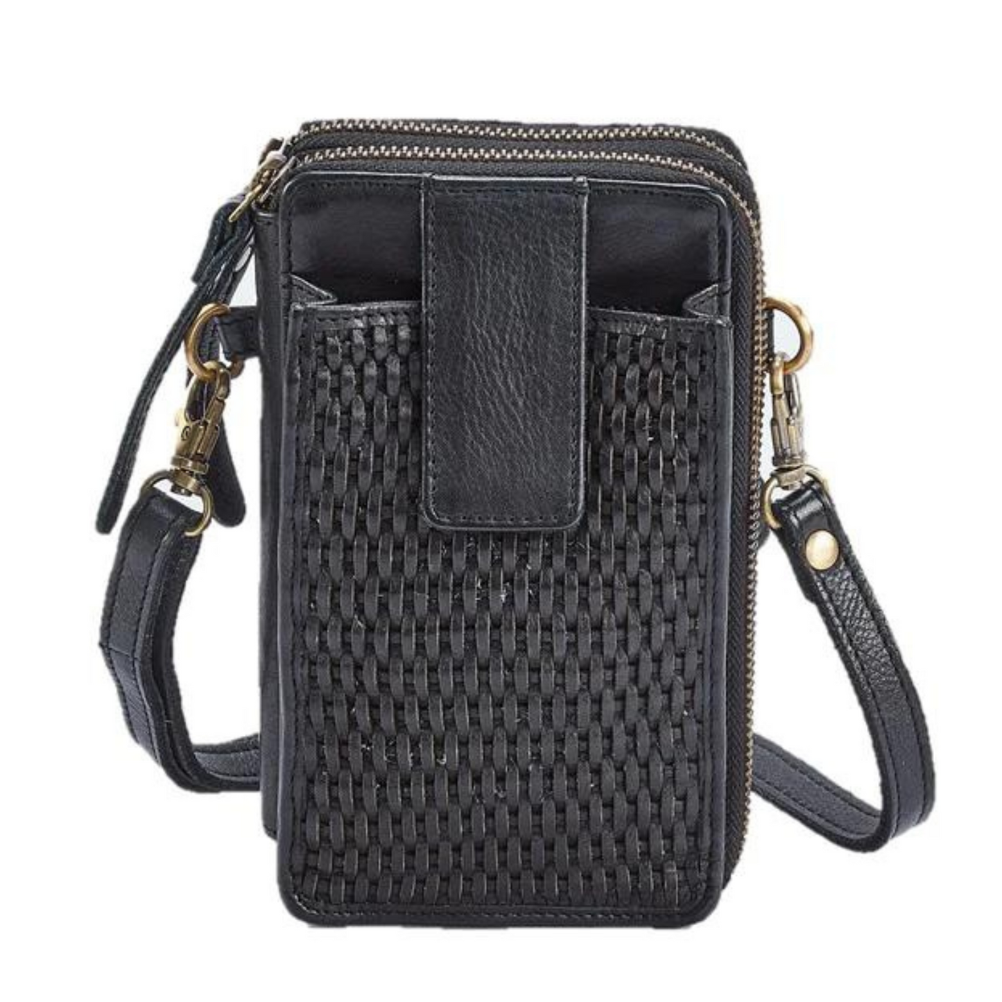 A photo of a leather crossbody wallet in the colour smokey black.