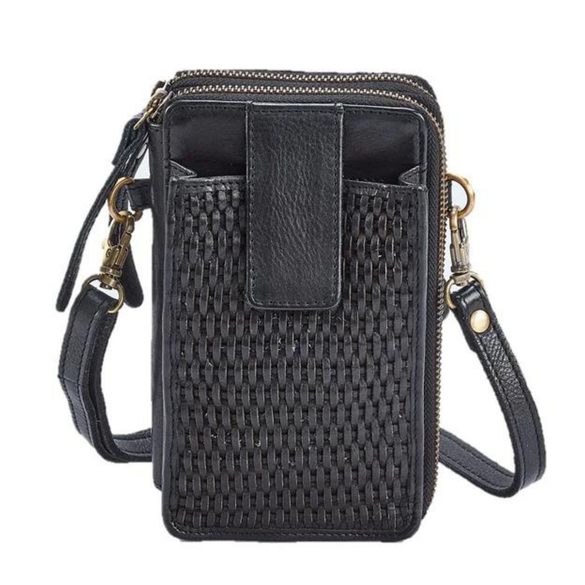 A photo of a leather crossbody wallet in the colour smokey black.