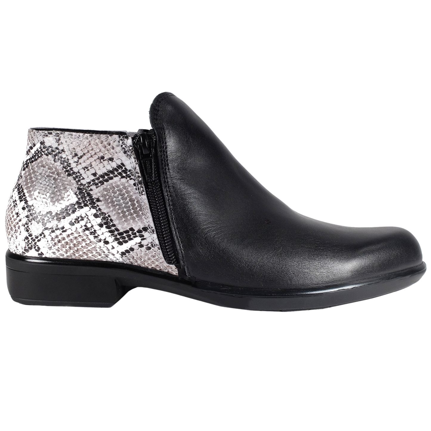 A side view of the right shoe showing the zipper, the cobra pattern and the black leather.