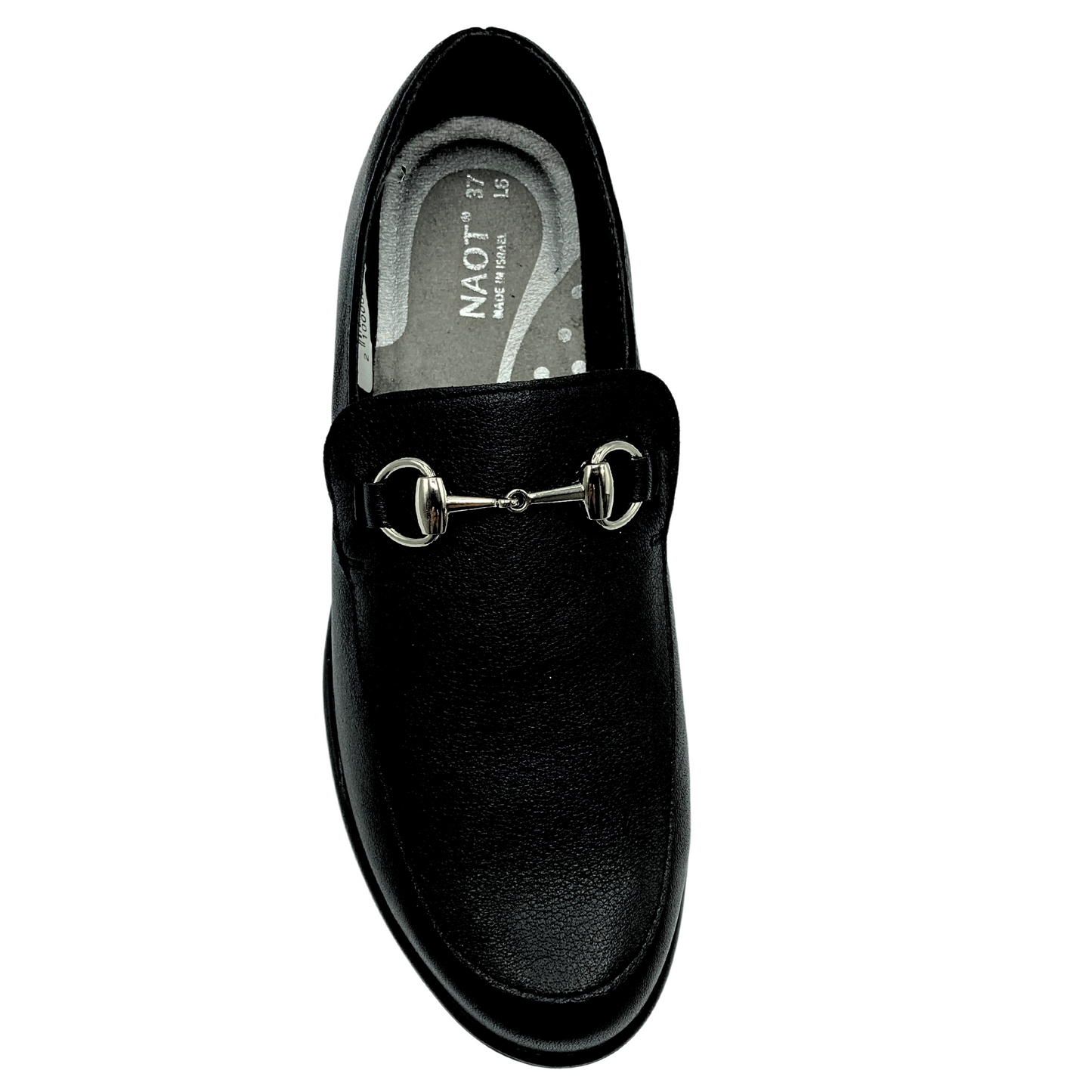 Top down view of leather loafer with gold metal detail