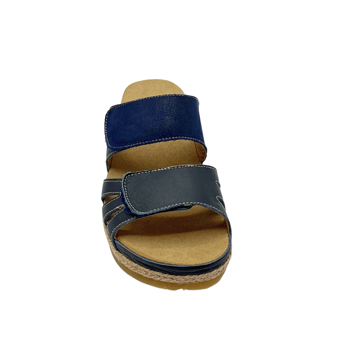Front view of open back sandal in a navy color with white stitching detail. Rubber outsole