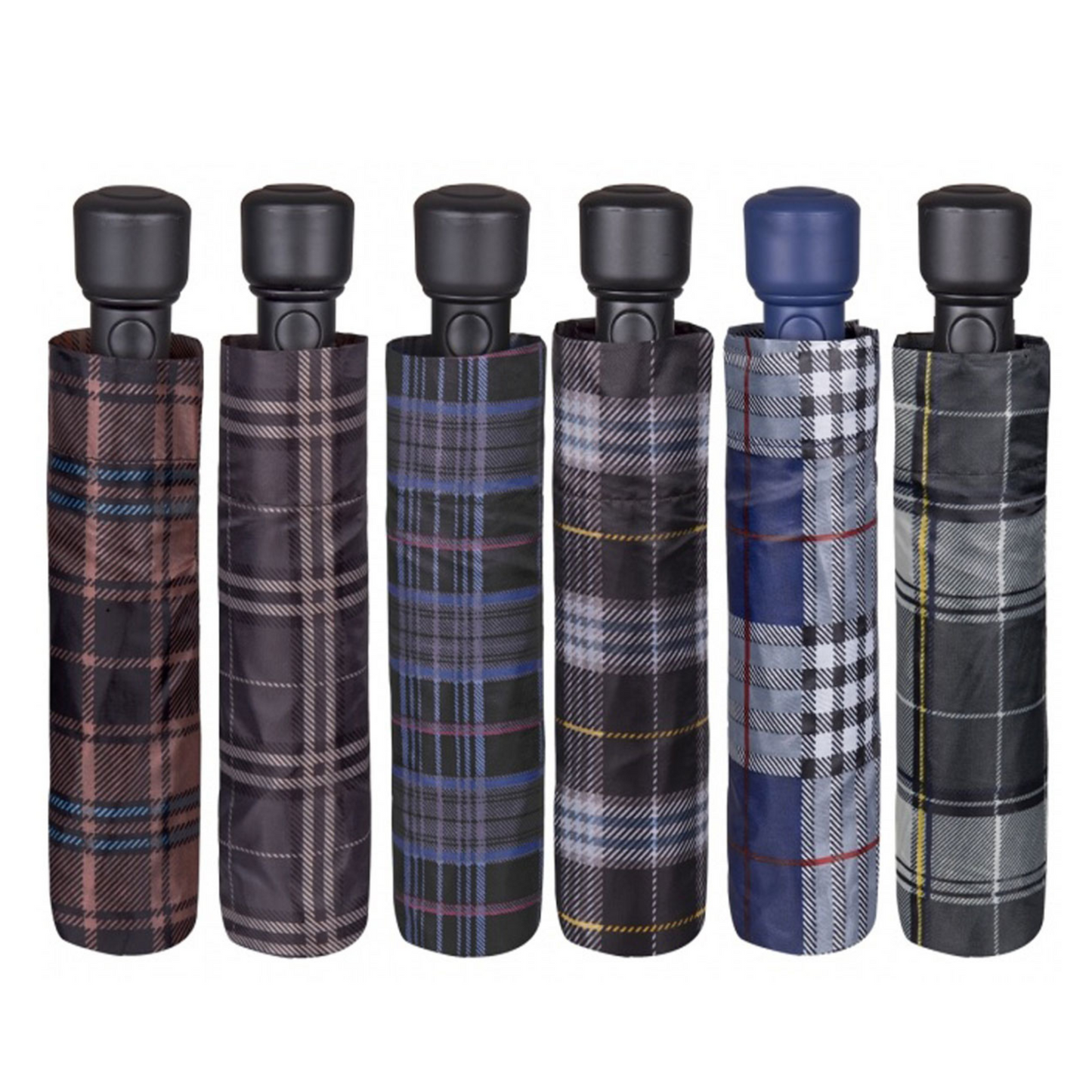 A view of a few umbrellas all in different prints. Showing how compactable these umbrellas are.
