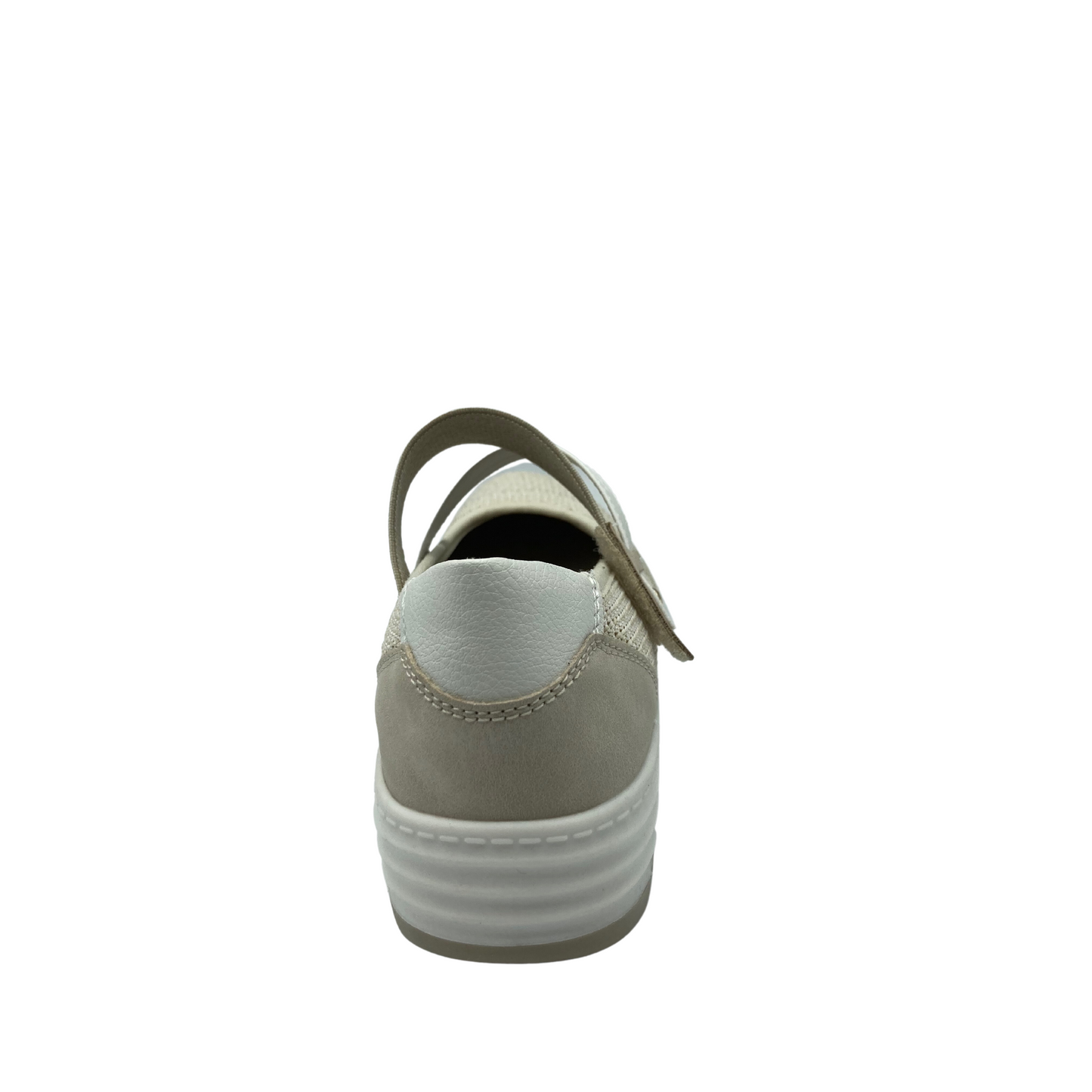 Rear vew of Mary Jane style shoe in a cream non leather material. Sporty look with white sole and white panel at the heel
