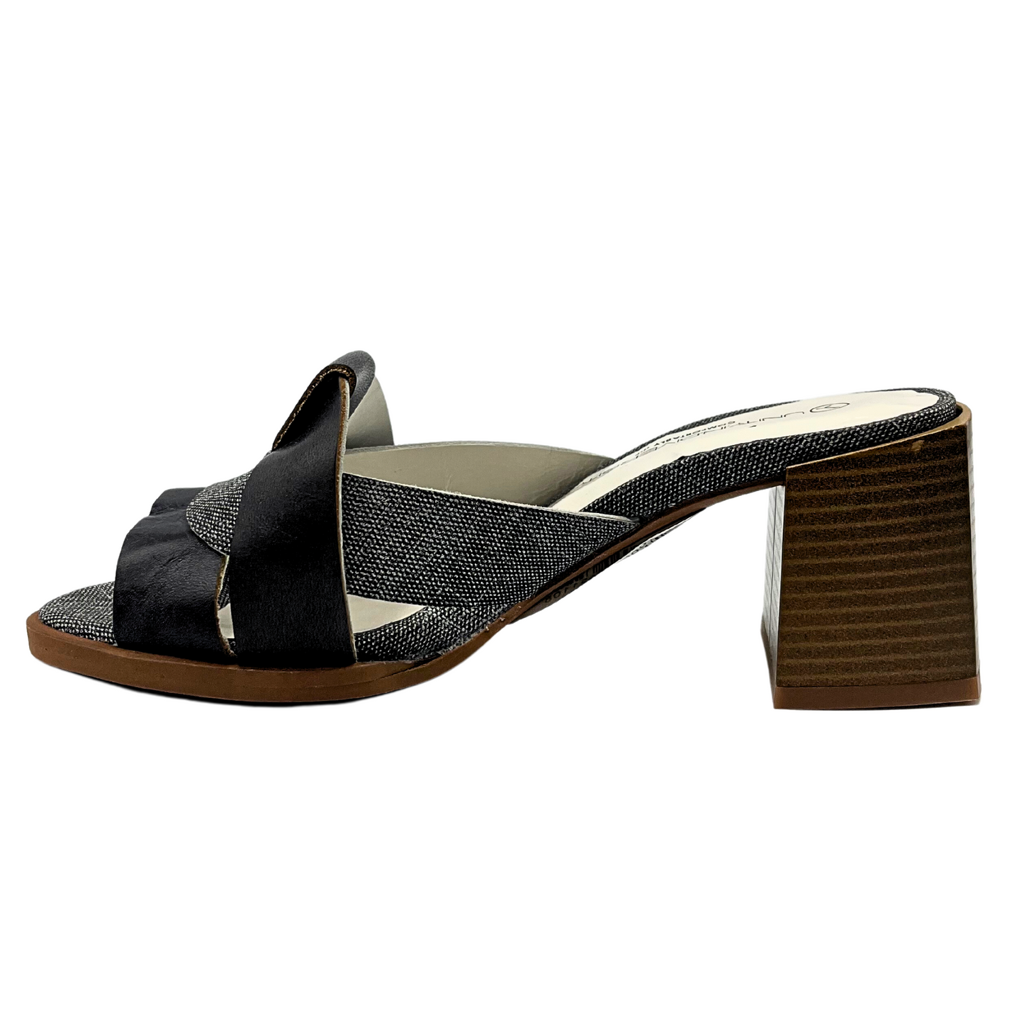 Inside view of a classic mule. Medium height block heel. Woven strap detail at front with open toe