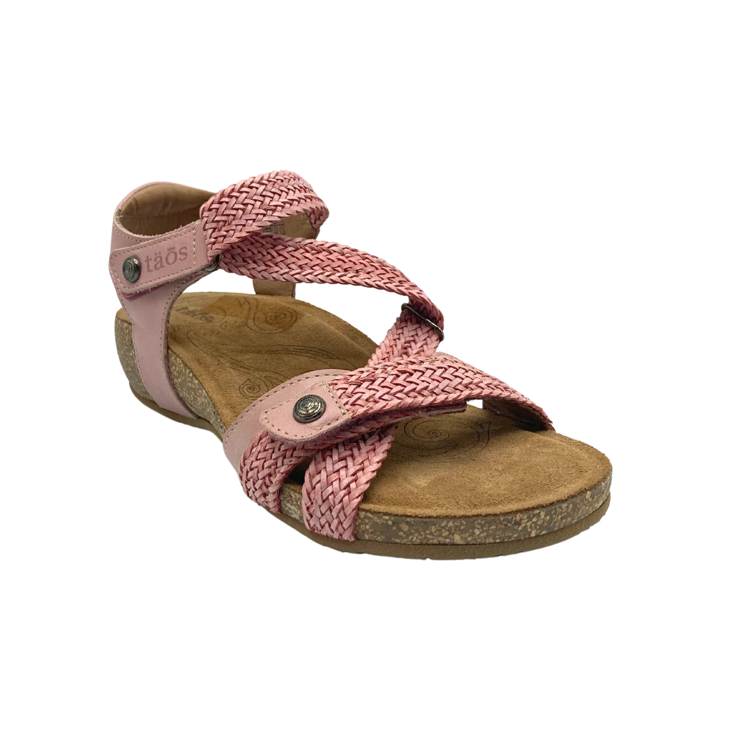 Front angled view of right shoe in Taos Trulie style. Features a combination of braided and smooth leather.