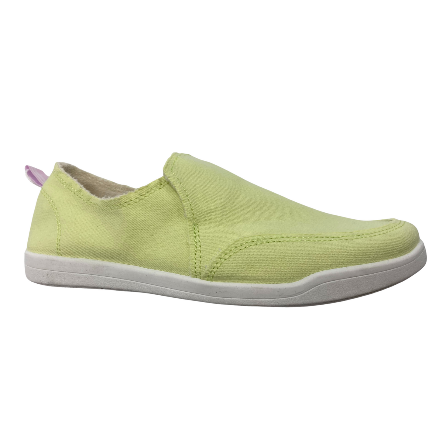 The profile view of the right shoe in the colour lime with a white sole.