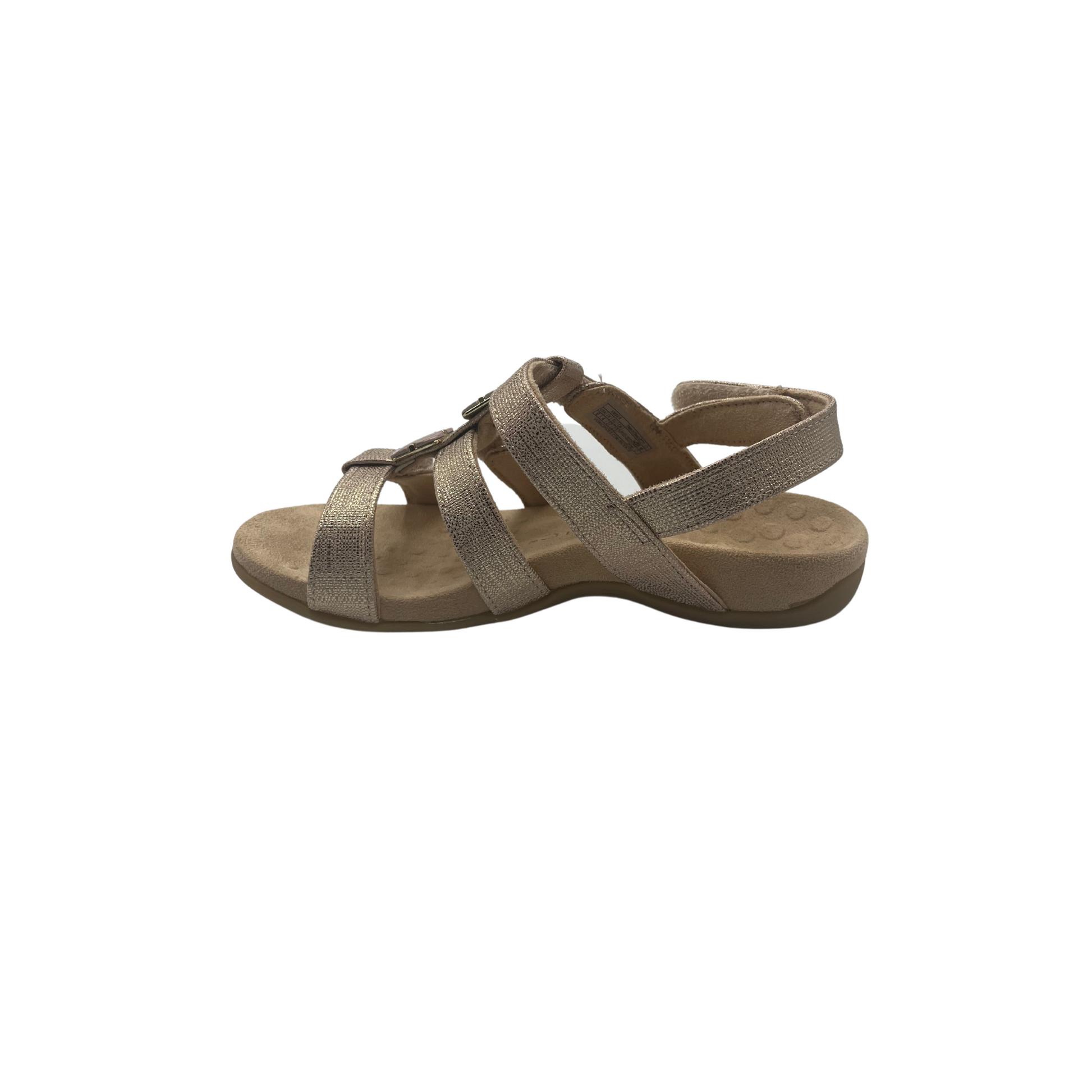 Inside view of rose gold leather sandal.  Three straps across the length of the foot all with adjustable velcro closures.  Back strap also has veclro adjustment