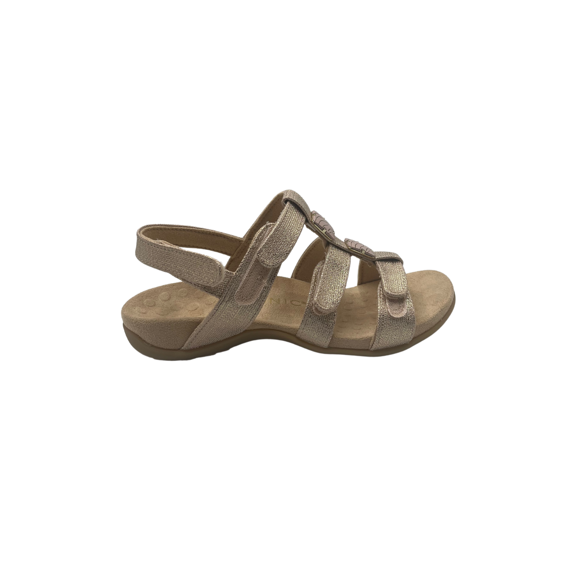 Outside view of sandal in a rose gold.  Multiple, adjustable straps across foot for best fit.
