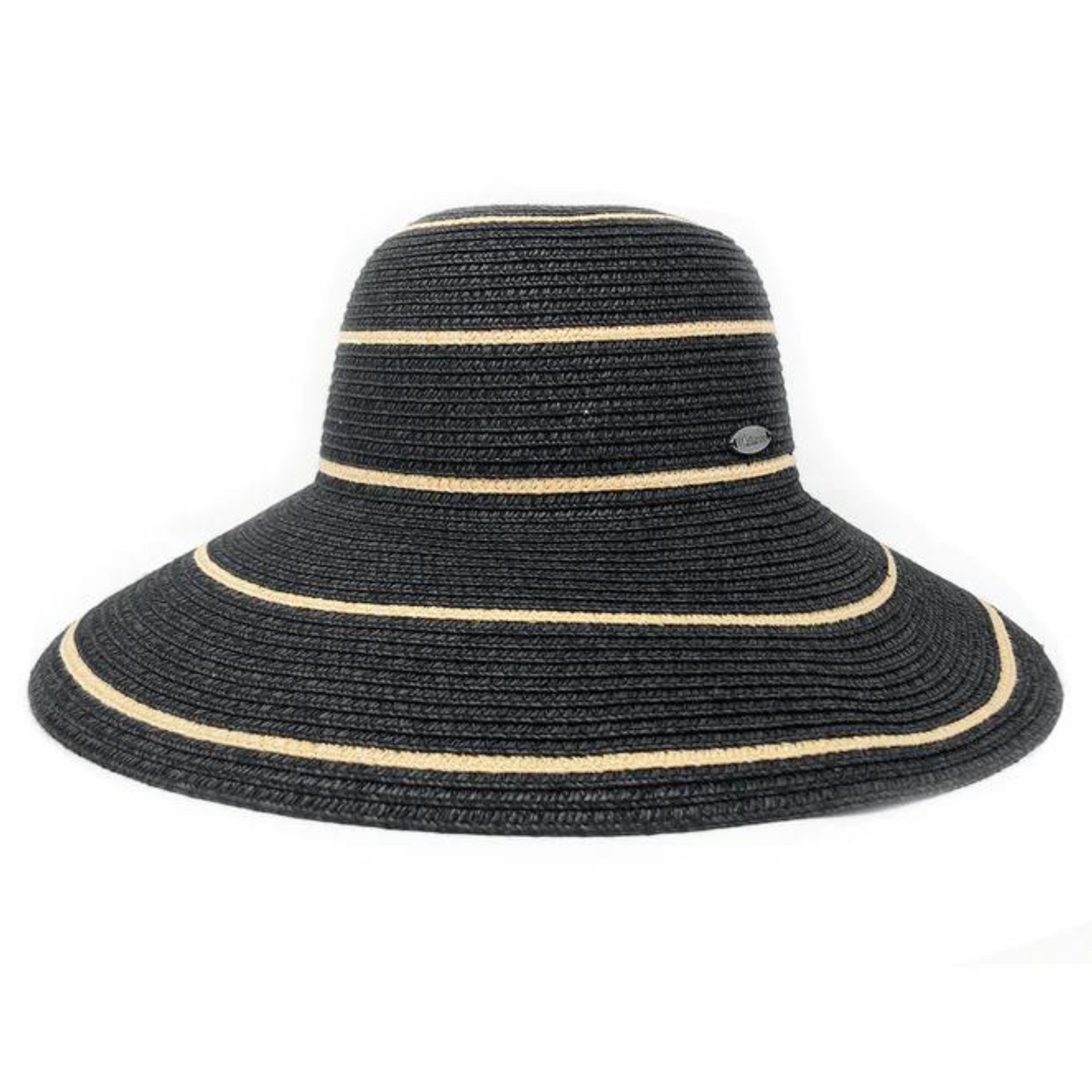 Side view of the hat showing the little attached logo on the side and all the stripes.