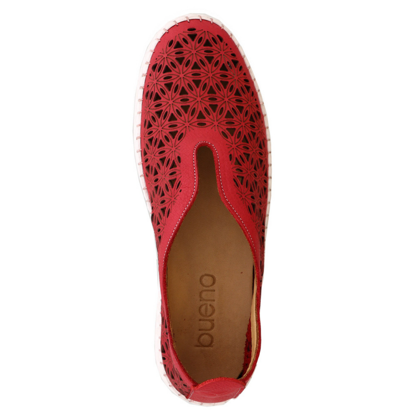 The red slip on shoe is pictured from above, showing a tan sole beneath the red detailed upper that has a deep parting topline that extends to the mid foot.