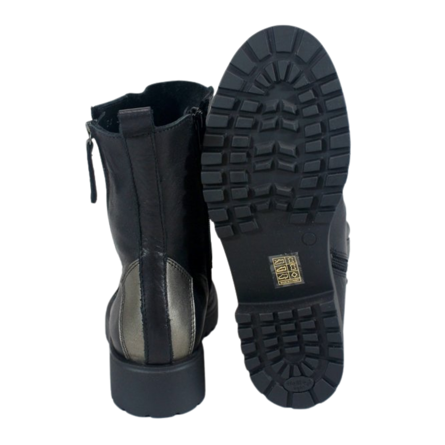 A pair of black boots is pictured, one showing the heel and back of the boot, the other turned so the bottom tread of the boot is visible.