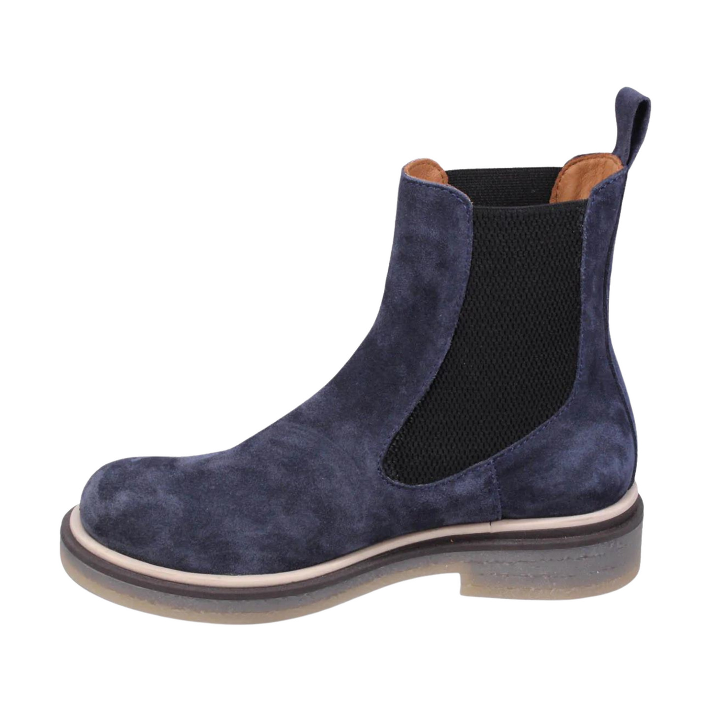 A left side view of a navy suede Chelsea boot.