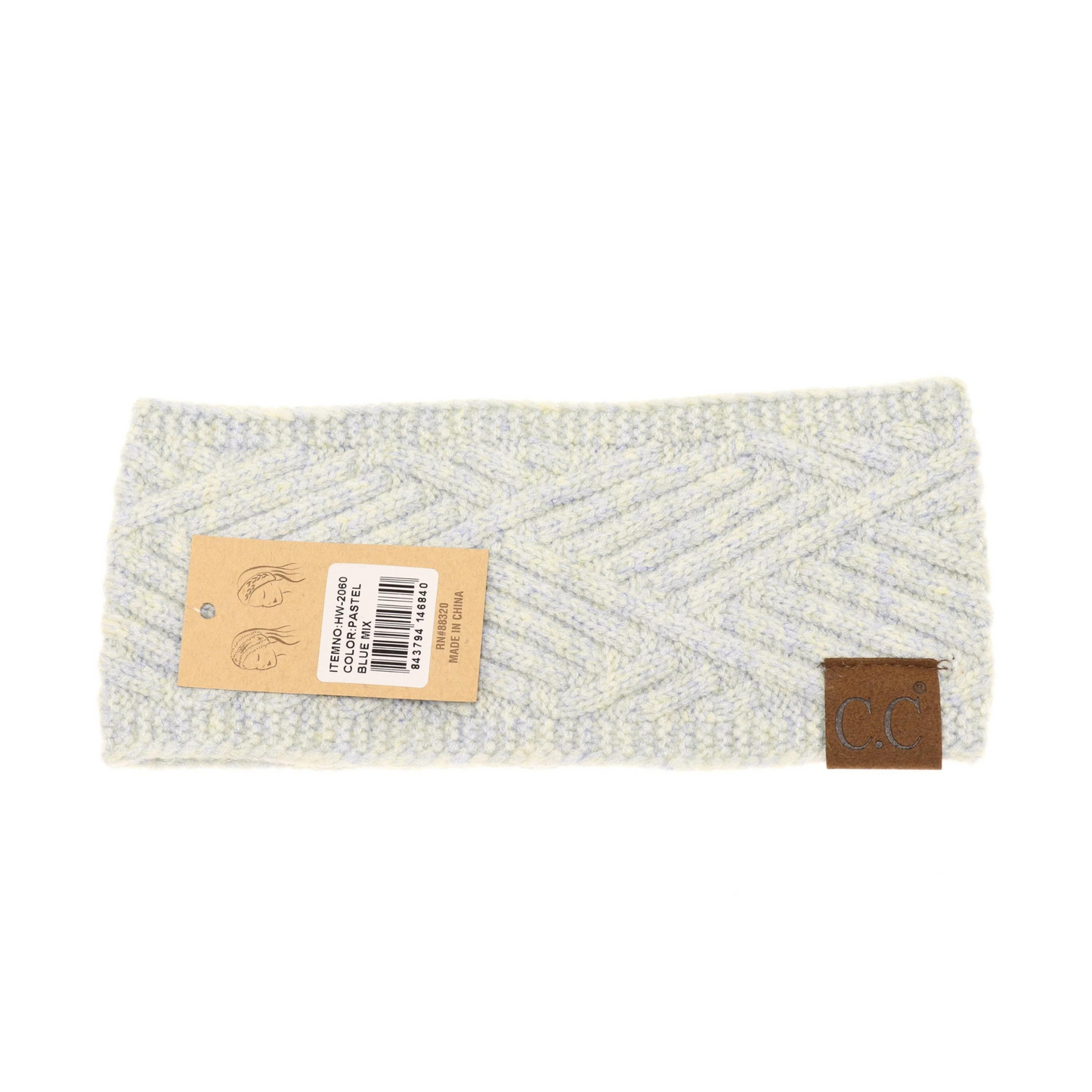 A front view of a pale blue head wrap with a zigzag knit pattern.