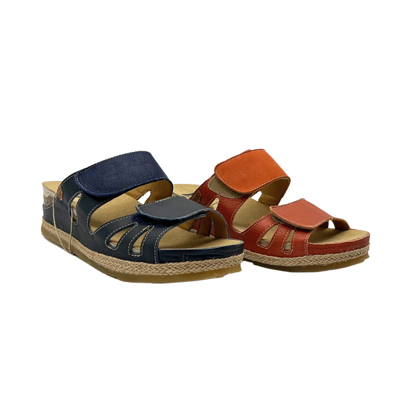 Angled front view of open back sandal in navy and teja. Structured sole for great support.