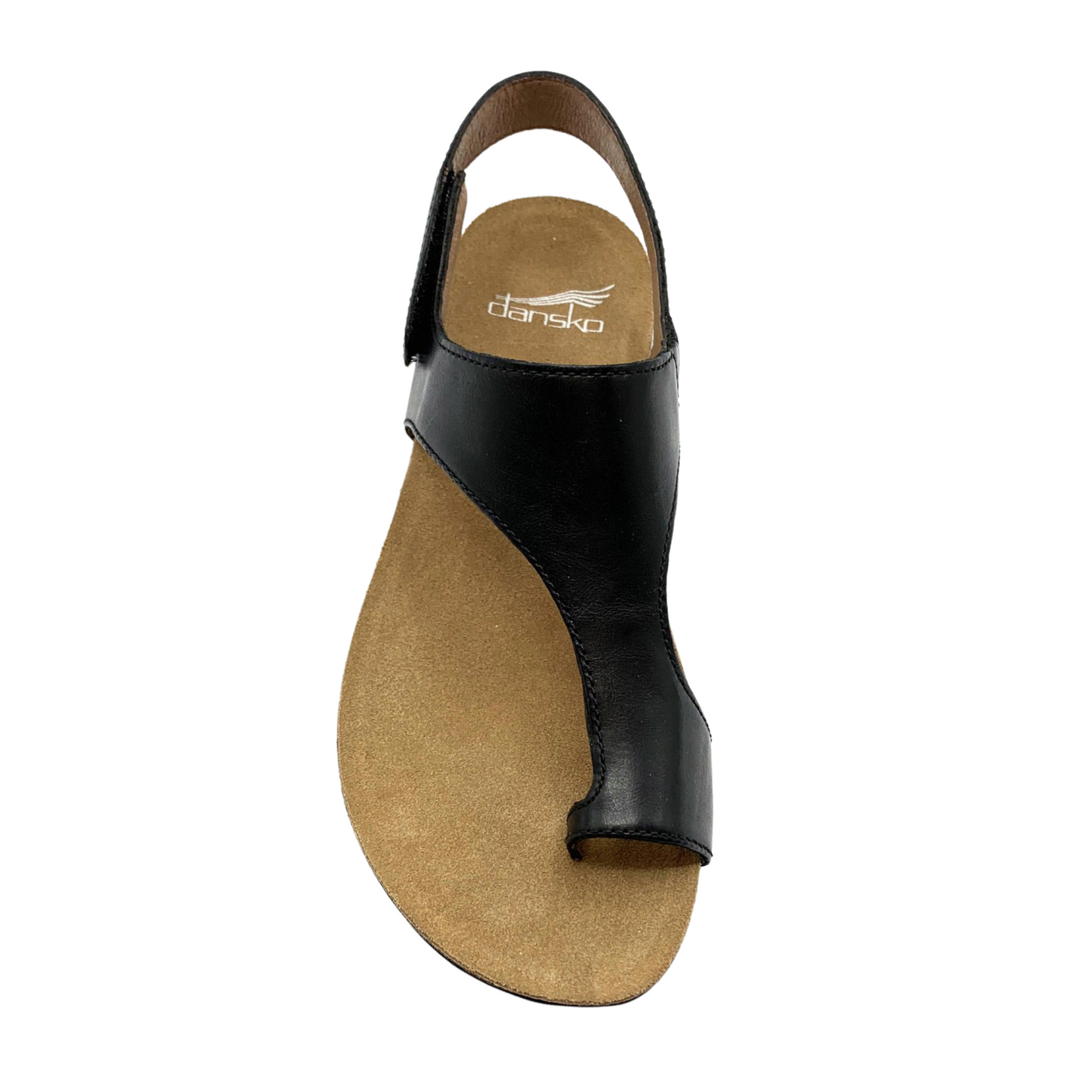 A top view of a leather sandal with a brown footbed, black upper strap and toe loop, and velcro adjustable back strap.