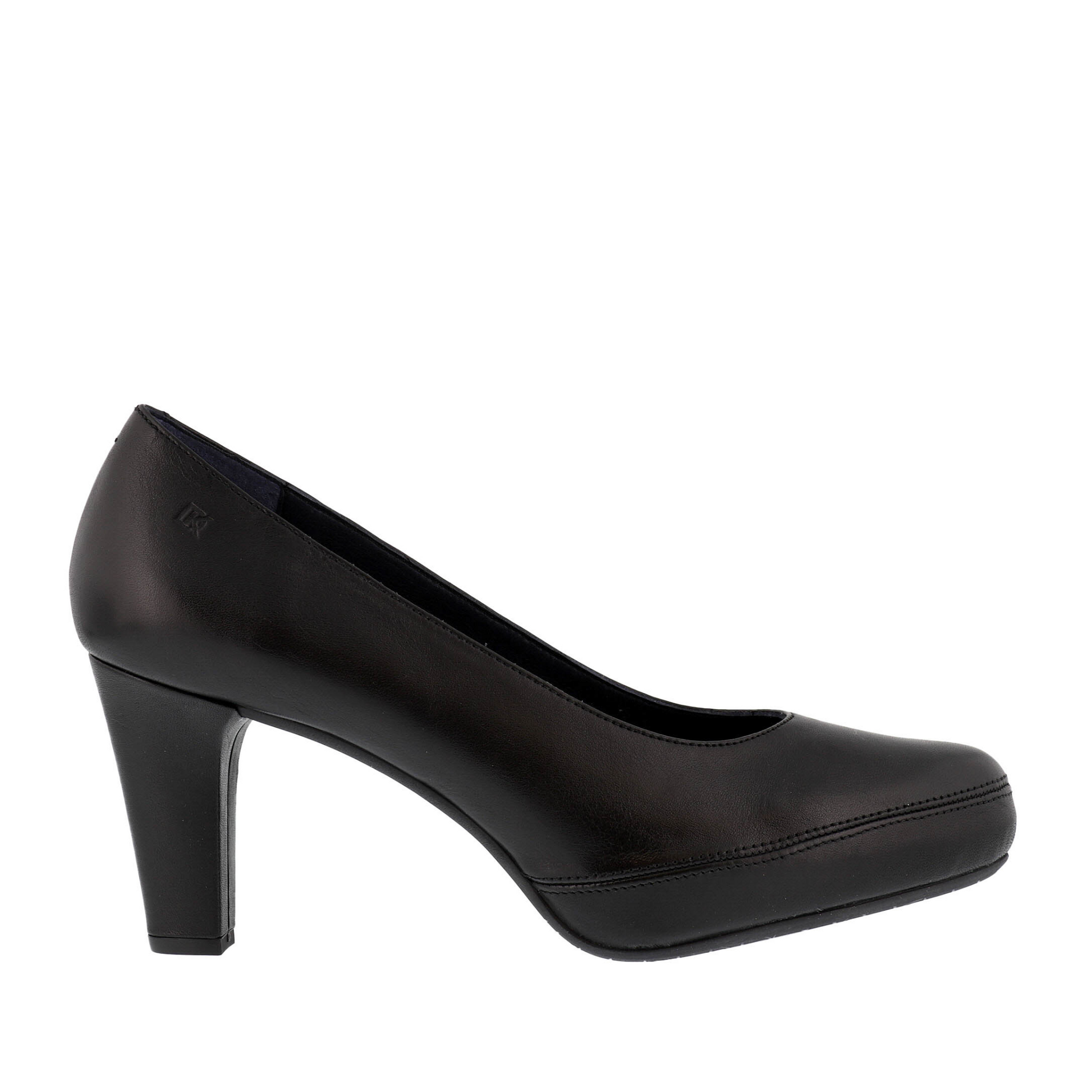 A right side view of a black leather heeled shoe.