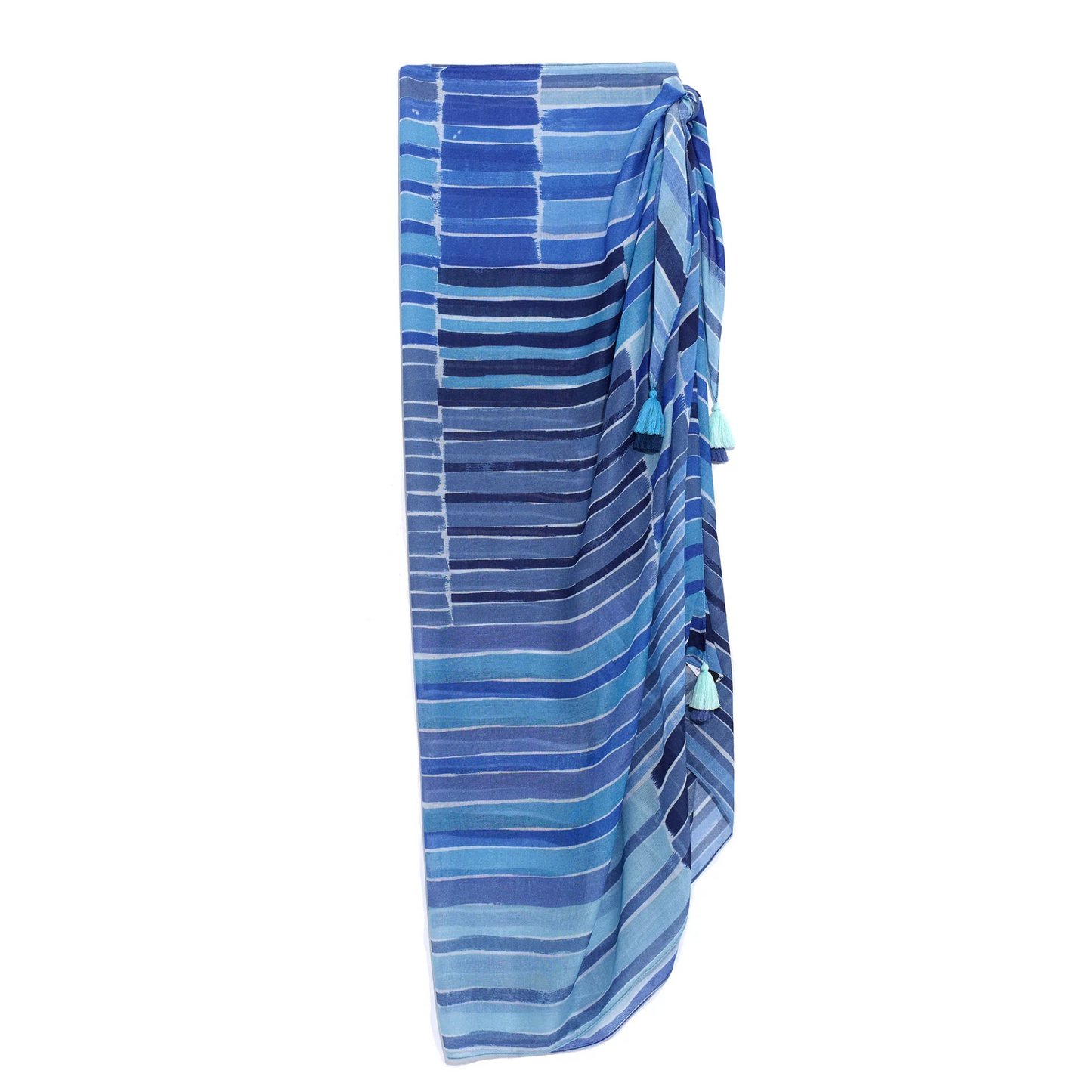 A blue band of fabric with various shades of blue horizontal lines around is pictured tied like a skirt. Small tassels hang down from the edge.