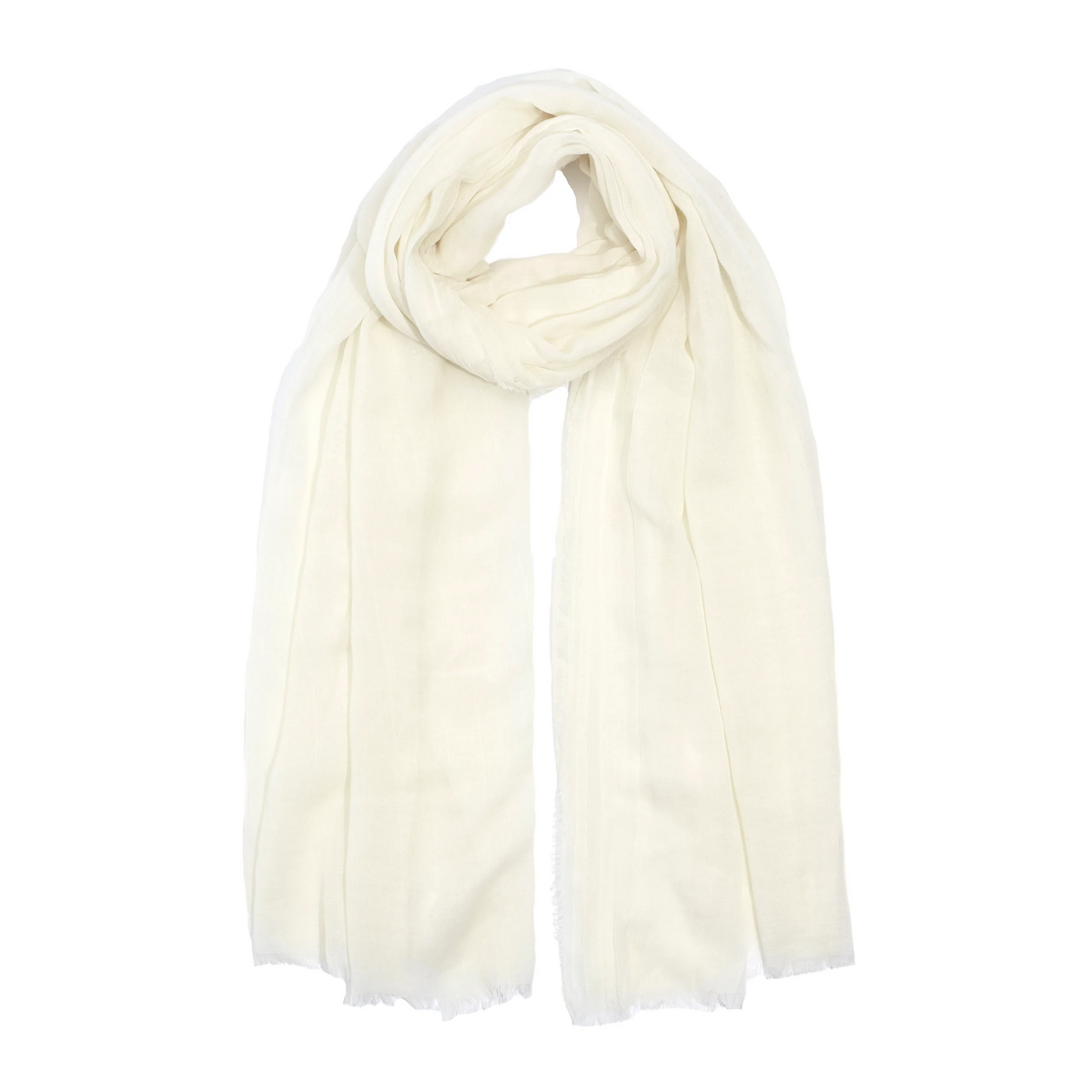 A cream scarf with translucent quality is pictured with a top loop allowing the scarf to fold.
