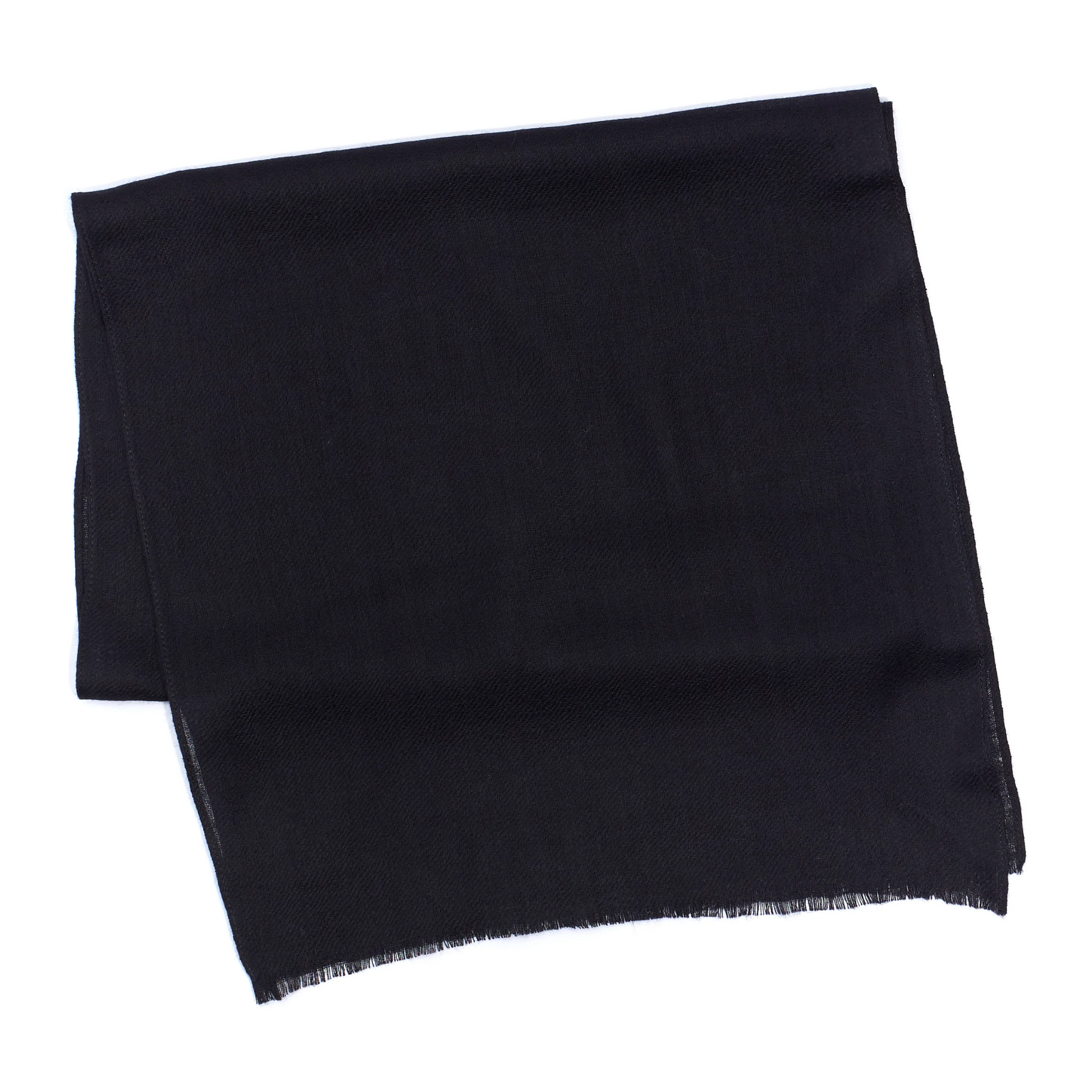 A black scarf is pictured folded and has a natural hem.