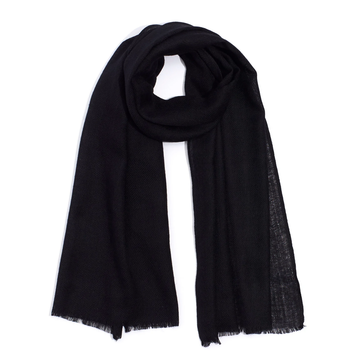 A black scarf is pictured with a loop and has a natural edge at the bottom.