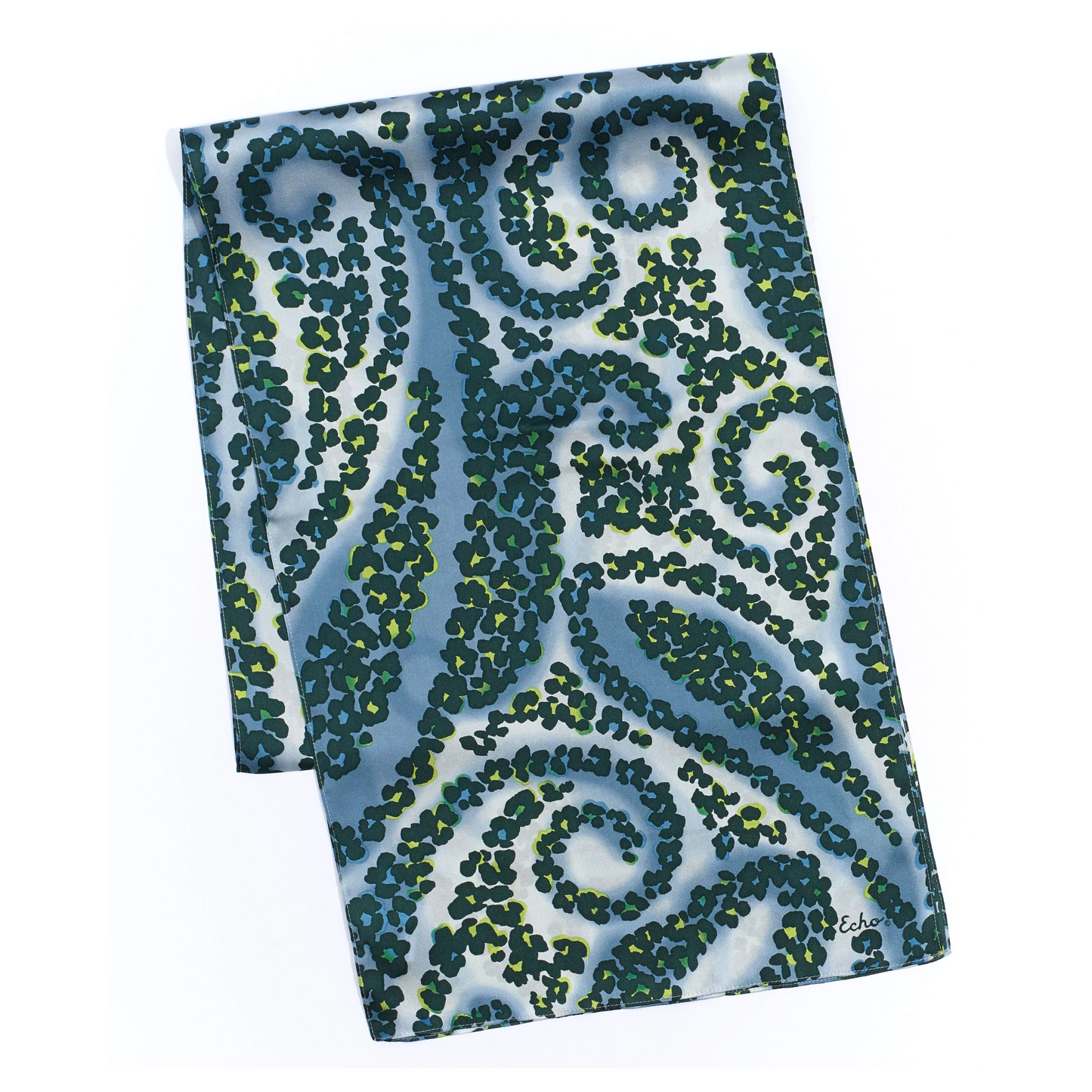 A blue and white coloured scarf with swirling spotted pattern with yellow and green is pictured folded.