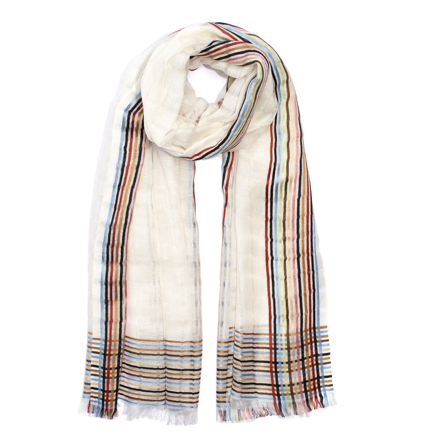 A cream scarf is looped in the centre and features a multicoloured band of colours lining it's boarders. The edges of the bottom have a natural un-hemmed edge.