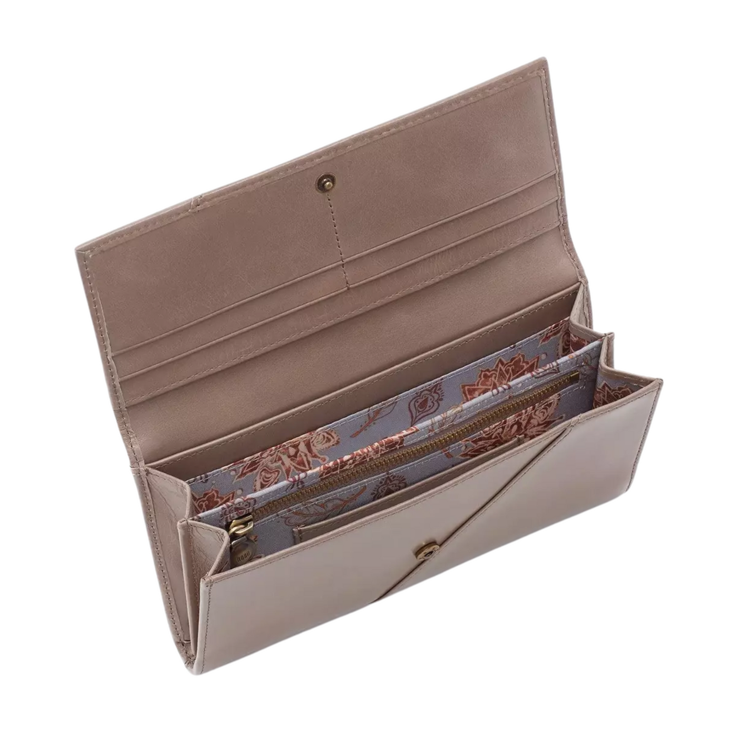 The interior of a warm grey accordion wallet with floral lined interior is pictured at an angle.
