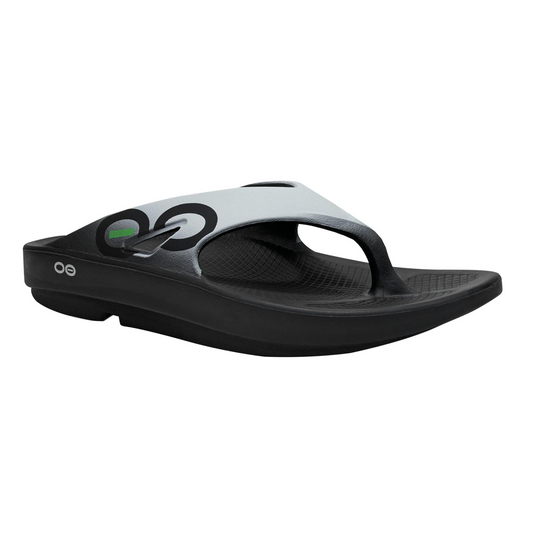 Flip flop with thick arched black sole to ombré light grey upper.